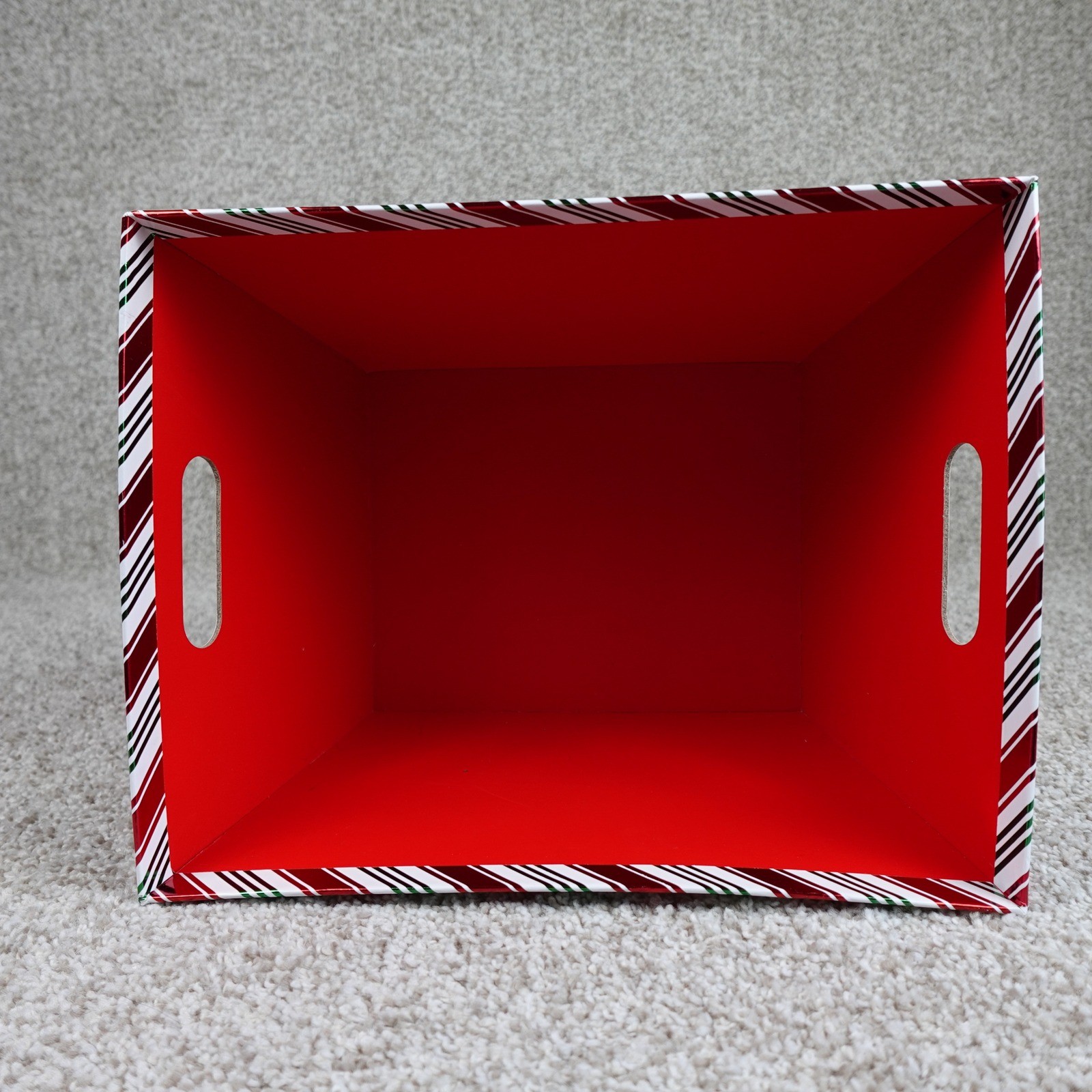 Holiday Christmas Candy Cane Striped Storage Bin Red Green White Foil Basket