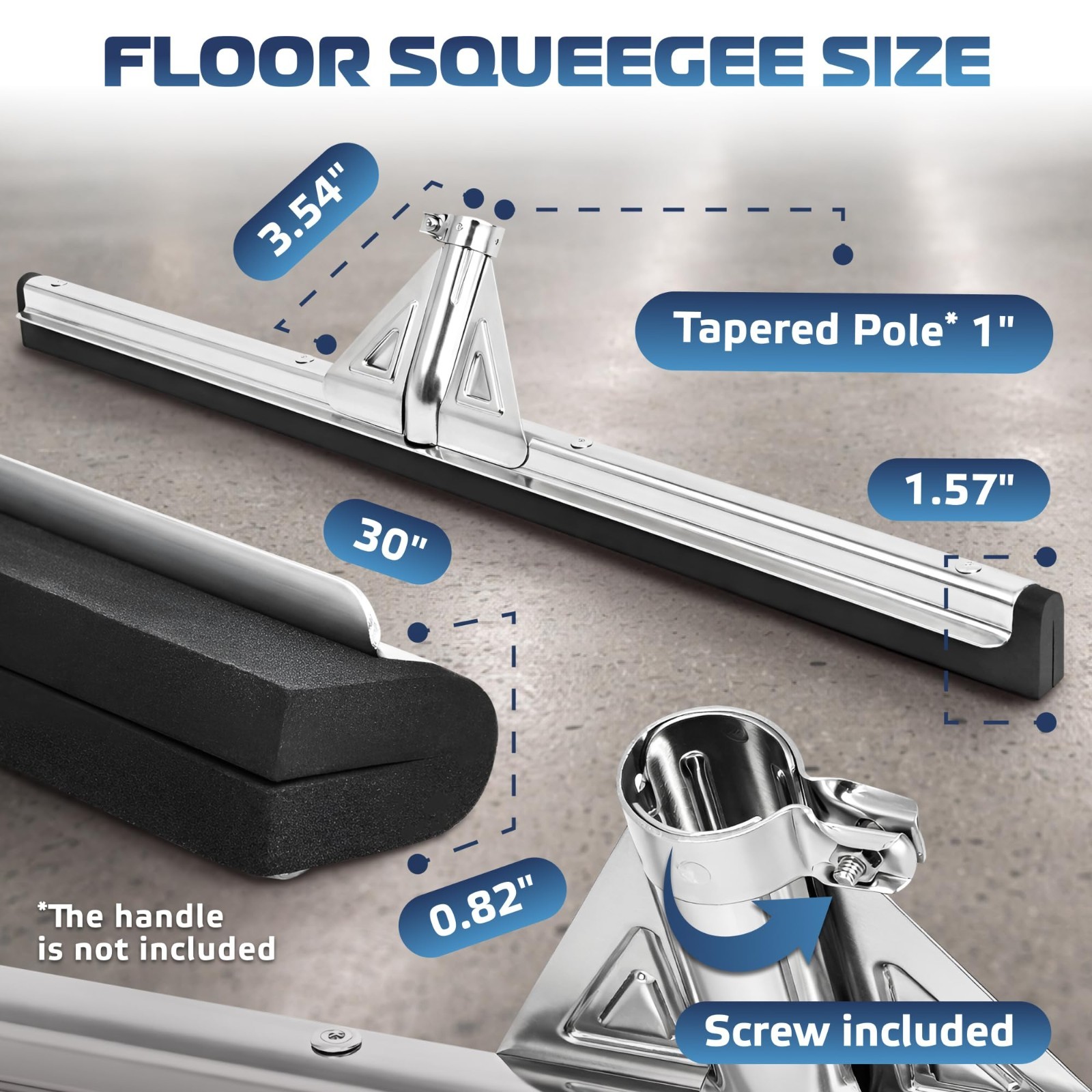 Heavy-Duty 30” Floor Squeegee with Double Foam Rubber Blade for Garage, Tiles,