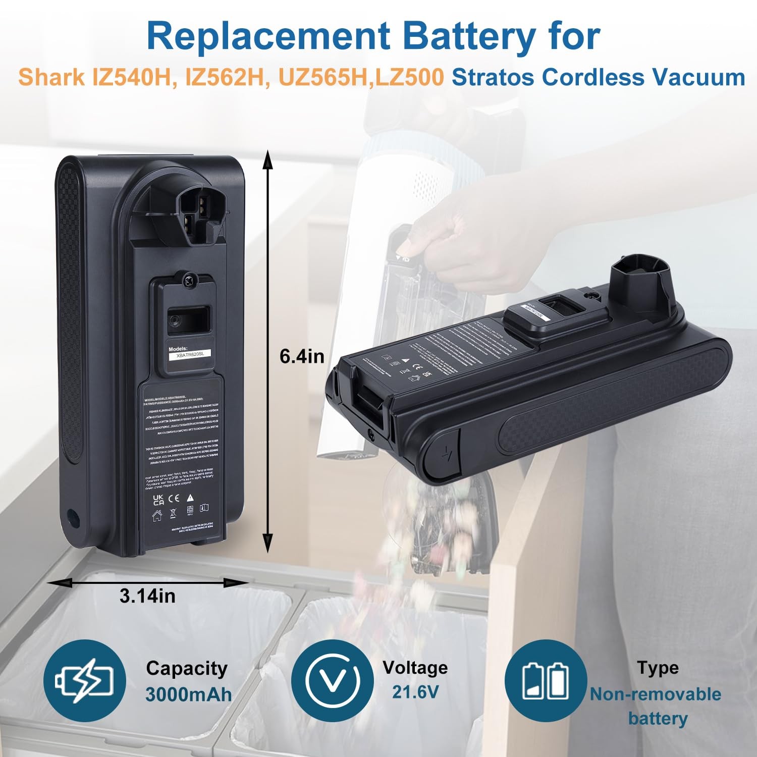 Replacement for Shark XBATR620SL Battery Compatible with IZ540H, IZ562H, UZ56…