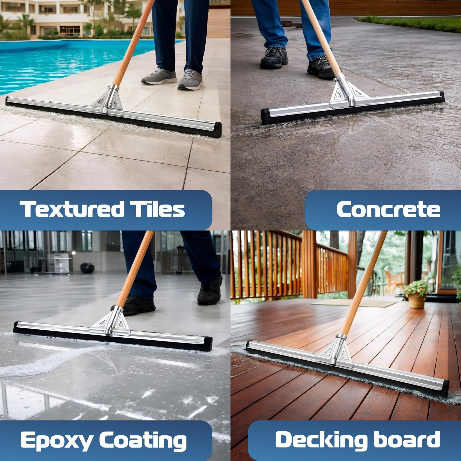 Heavy-Duty 30” Floor Squeegee with Double Foam Rubber Blade for Garage, Tiles,