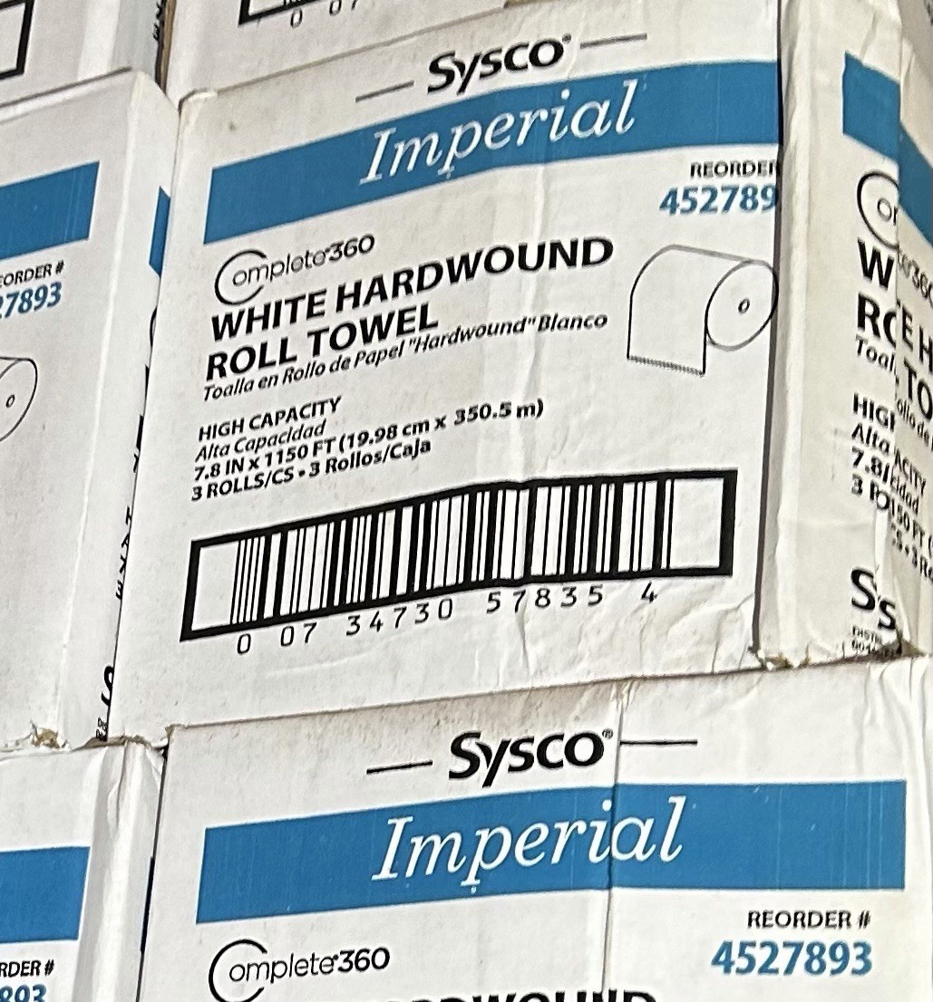 SYSCO IMPERIAL WHITE HARDWOUND ROLL TOWEL 7.8″X1150FT (3 ROLLS/CASE) *SHIPS FREE