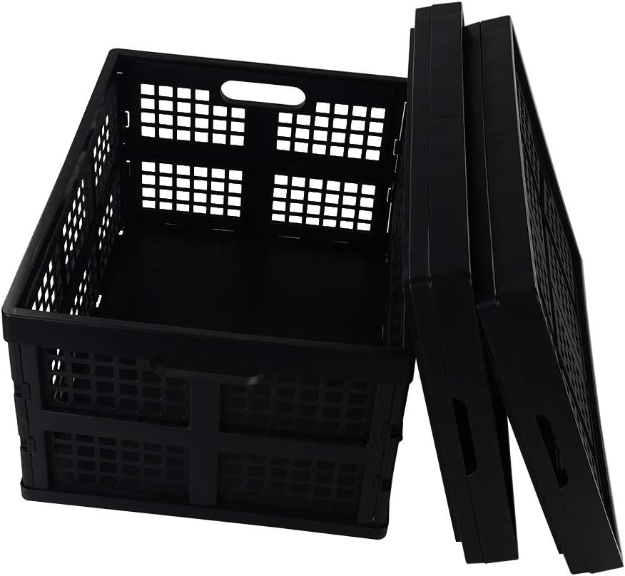 34 L Plastic Rectangular Collapsible Crates, Pack for 3, Black | Folding Crates