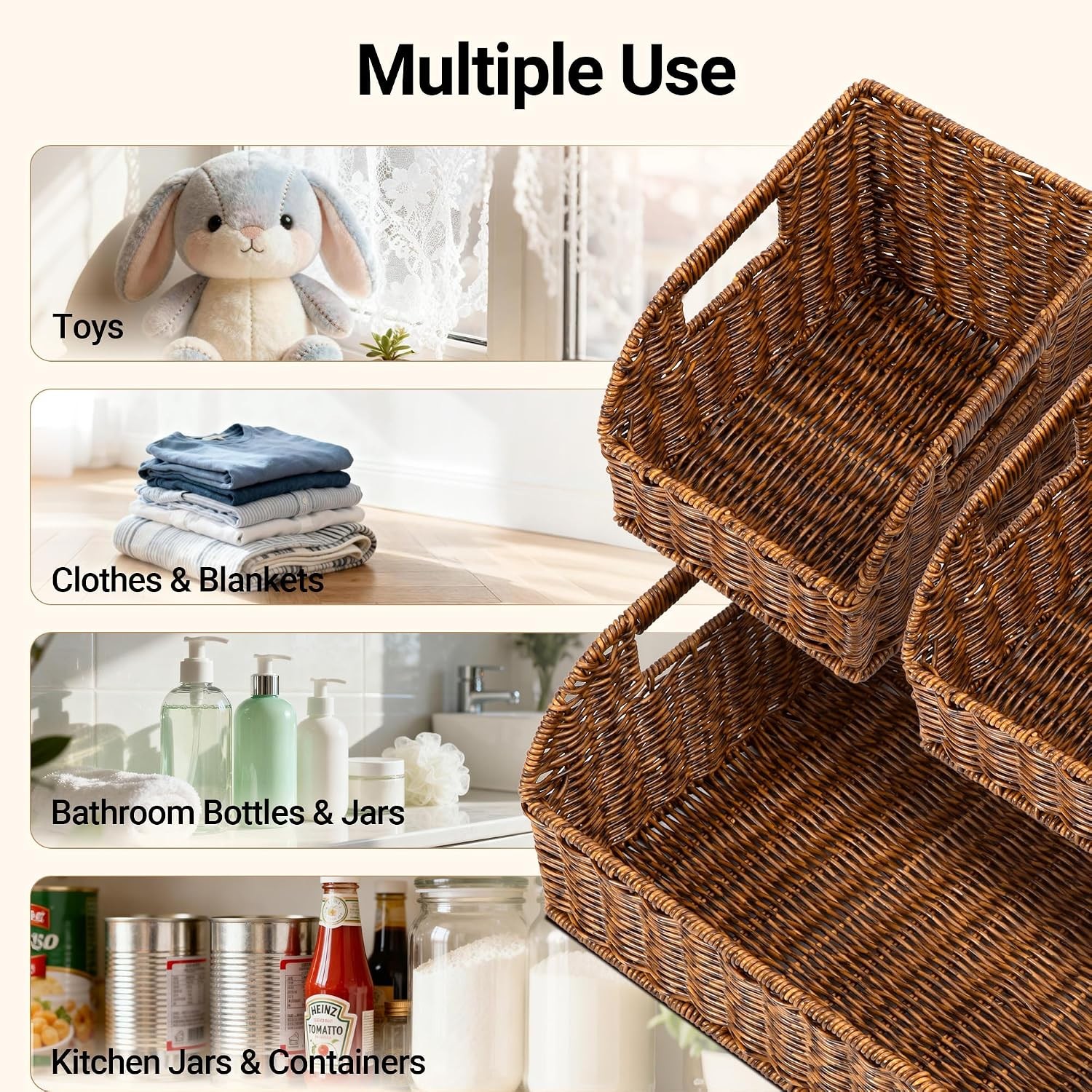 Faux Wicker Pantry Storage Baskets, Brown-Single Set (3-Piece) | Handwoven Baske