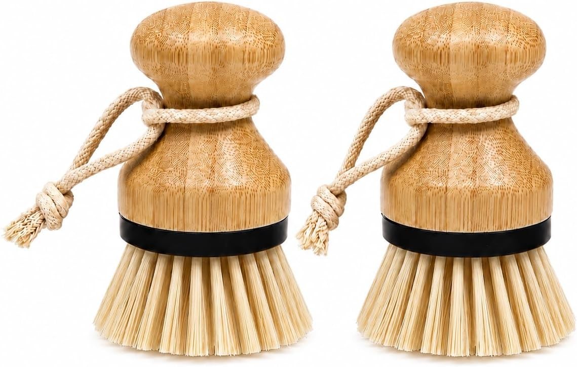 Bamboo Palm Brush Set, 2 Pack Dish Scrub Brushes for Pots, Pans, Dishes, Sink &