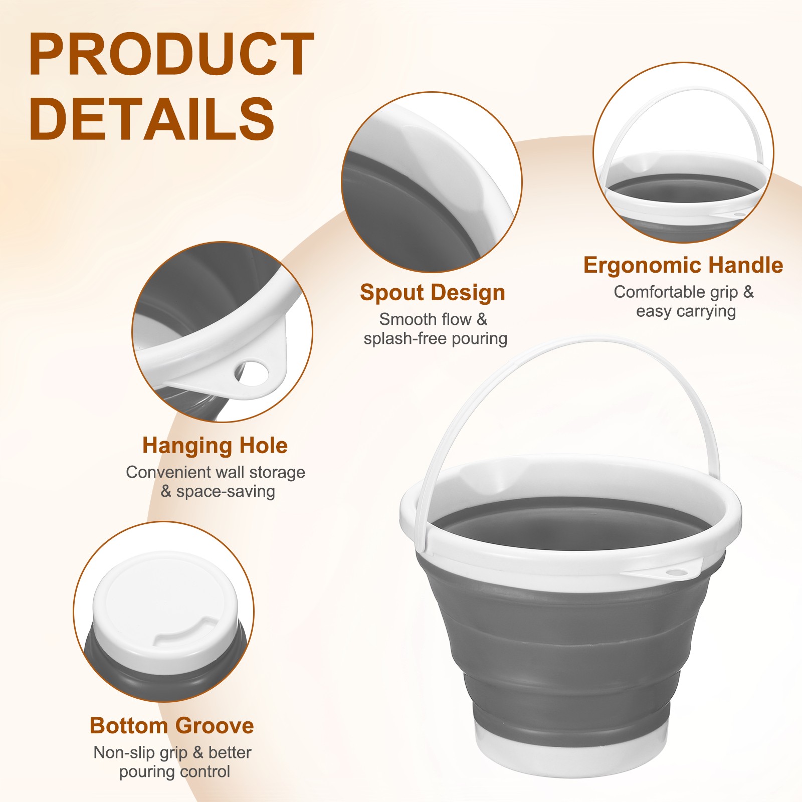 Collapsible Bucket 1.3 Gallon 5L Small Foldable Bucket with Handle Gray