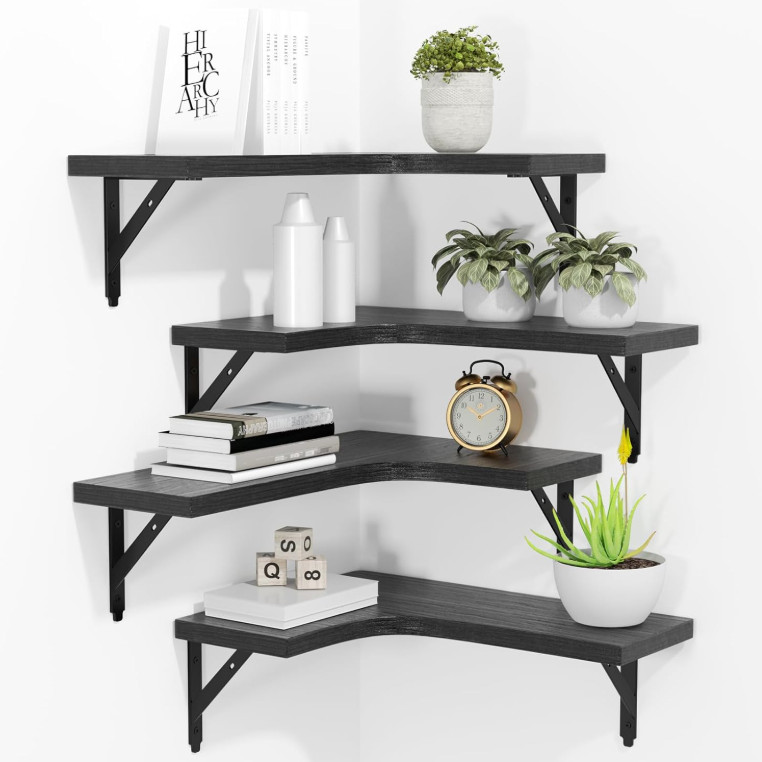 Estantes esquina flotantes 4 piezas madera rústica negro hogar baño cocina,Nuevo