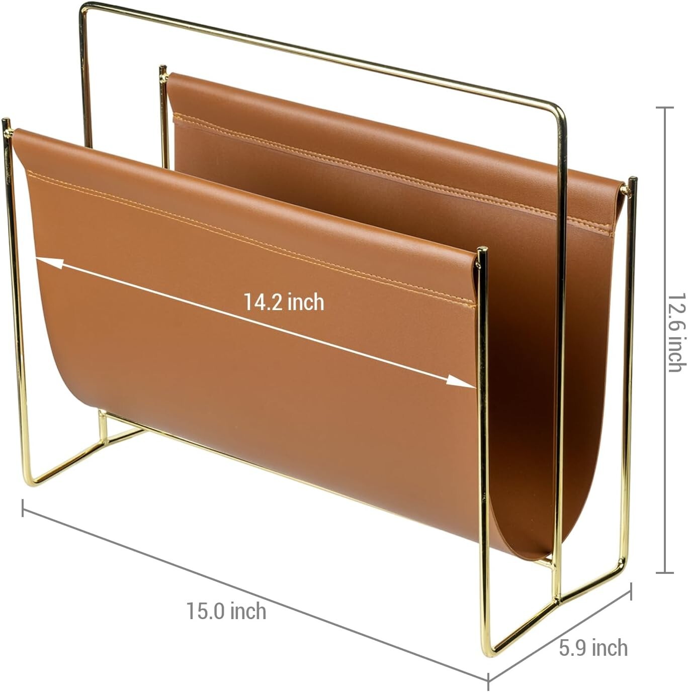 15 inch Caramel Leatherette Magazine Holder, Floor Standing Sling Style Rack