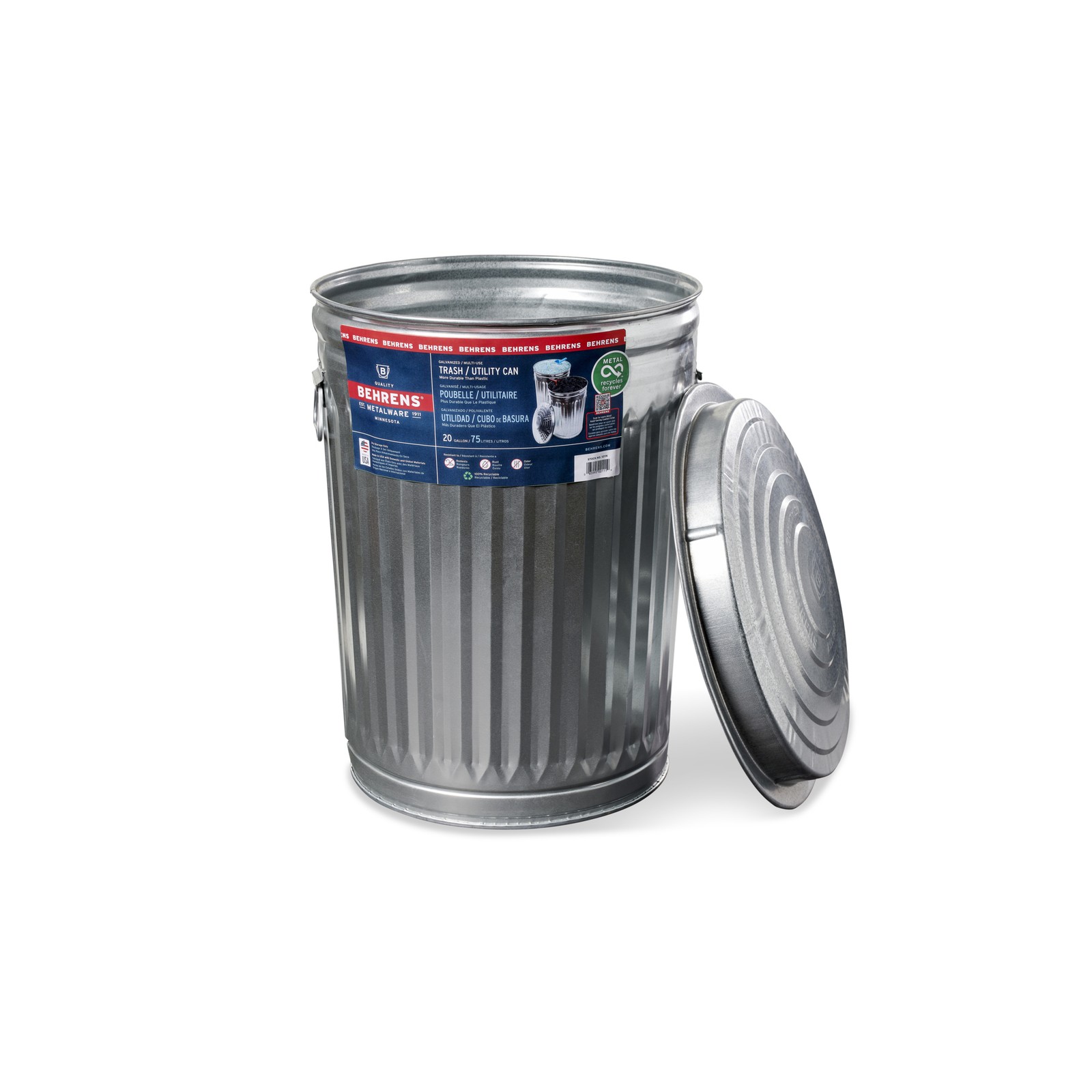 Behrens Galvanized Steel Utility Trash Can with Lid, 20 Gal., Model# 00111K
