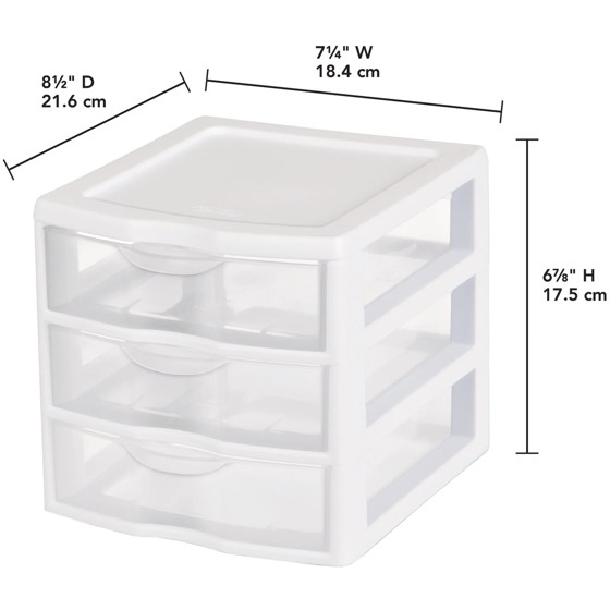 Sterilite Small 3 Drawer Unit, Clear Plastic Countertop or Desktop Drawers,White