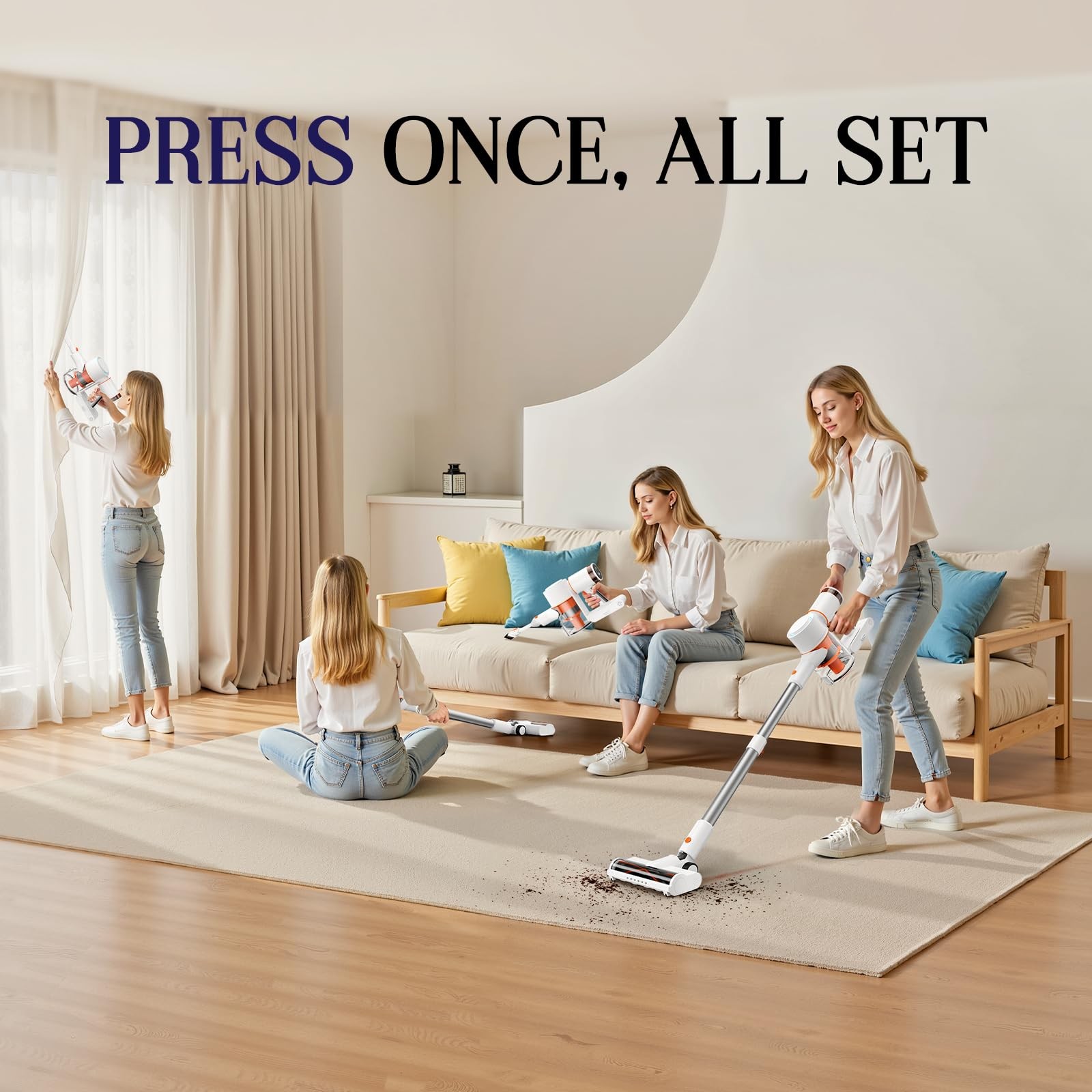 Cordless Vacuum Cleaner, Stick Vac with LED Touch Screen, 45KPA Powerful