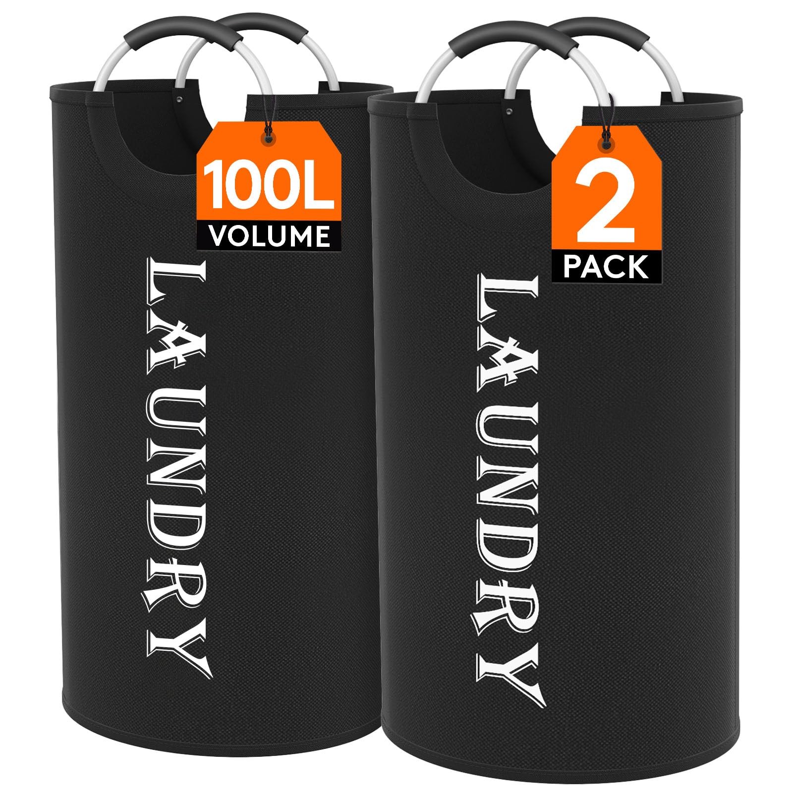 2 Pack 100L Collapsible Laundry Basket, Black Waterproof Oxford Cloth Hamper