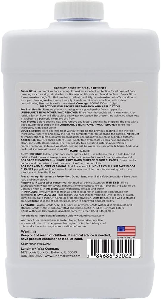 Lundmark Super Gloss Acrylic, Extra Heavy-Duty Hard Finish Floor Wax, 32-Ounce,