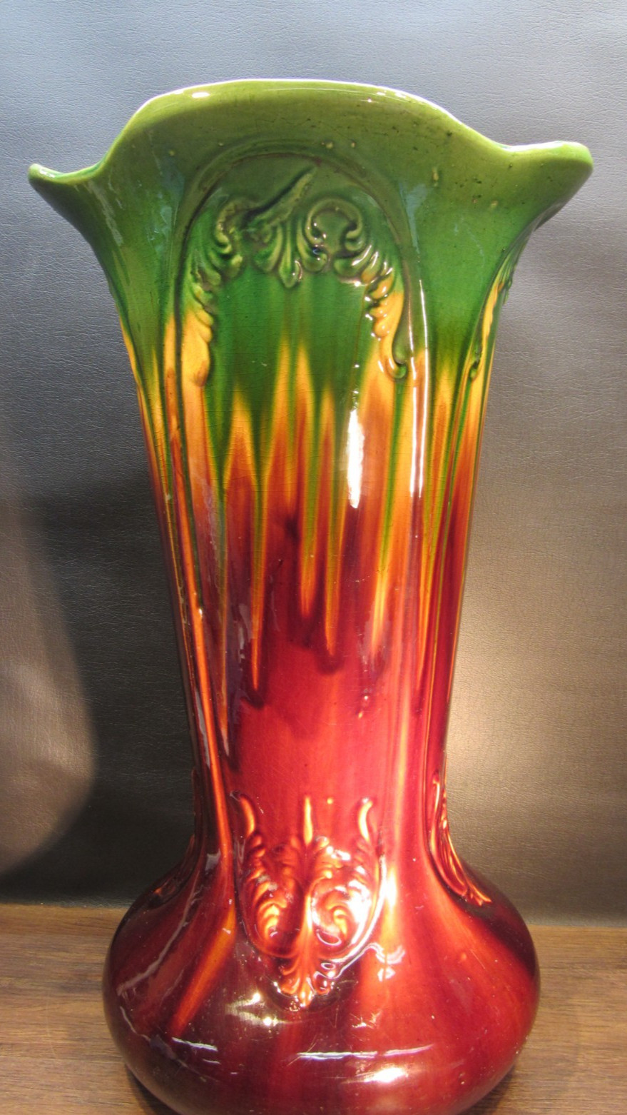 Antique Art Nouveau Pottery Blended Majolica Umbrella Stand Display 21”