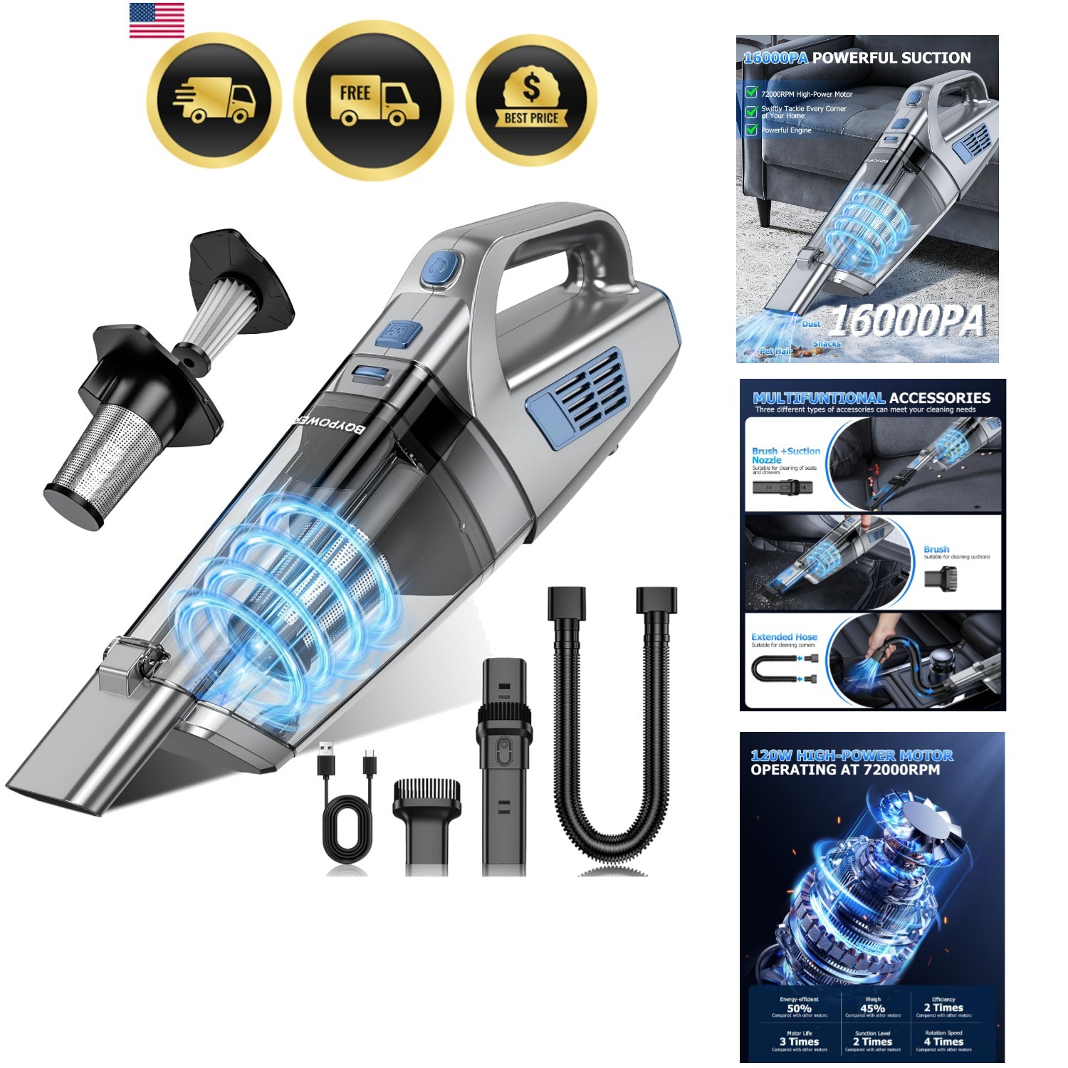 Handheld Vacuum Cordless, 16000PA Strong Suction Hand Held Vacuum Cordless Re…