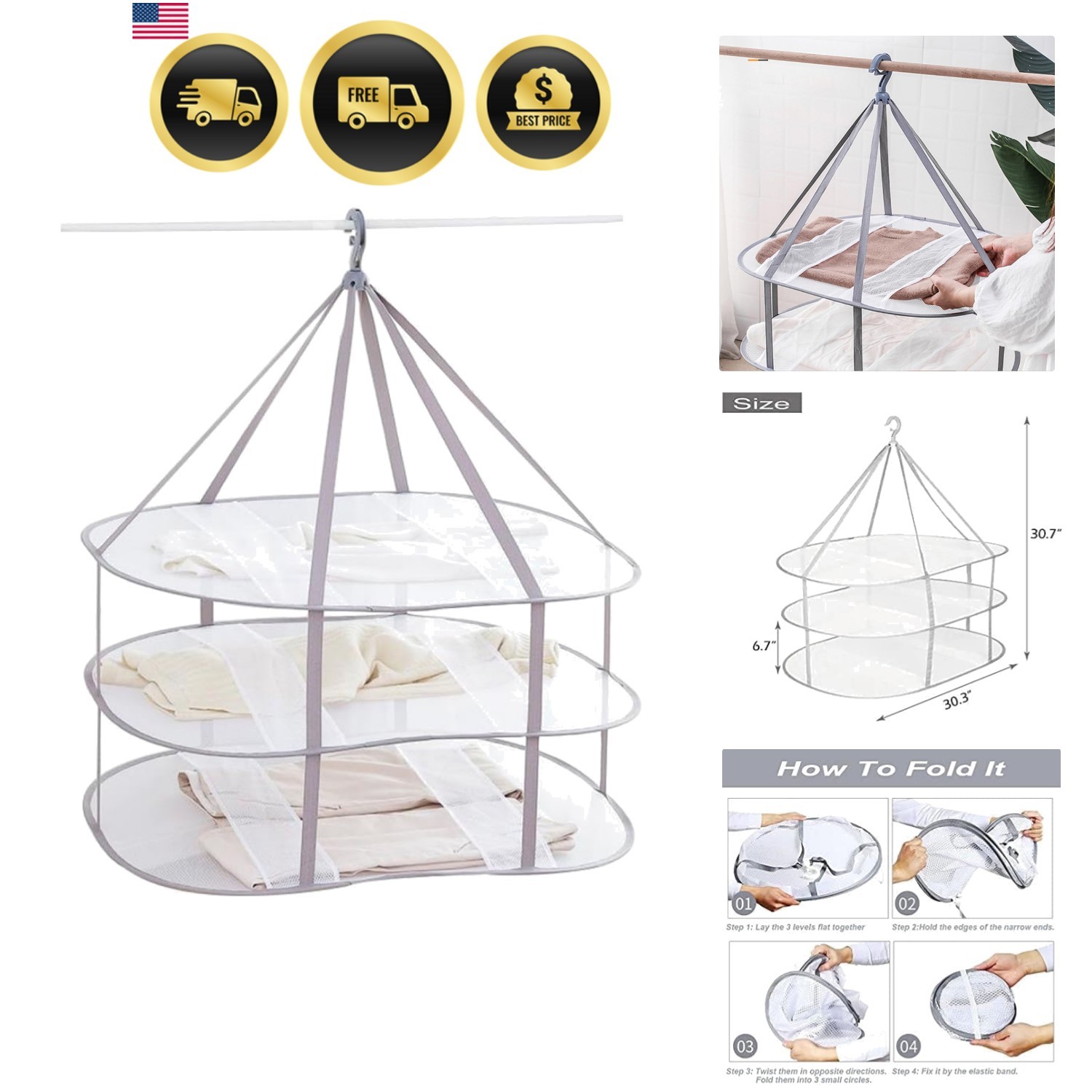 3-Tier Folded Mesh Clothes Hanging Dryer Sweater Drying Rack 30.3″ L * 24.5″ …