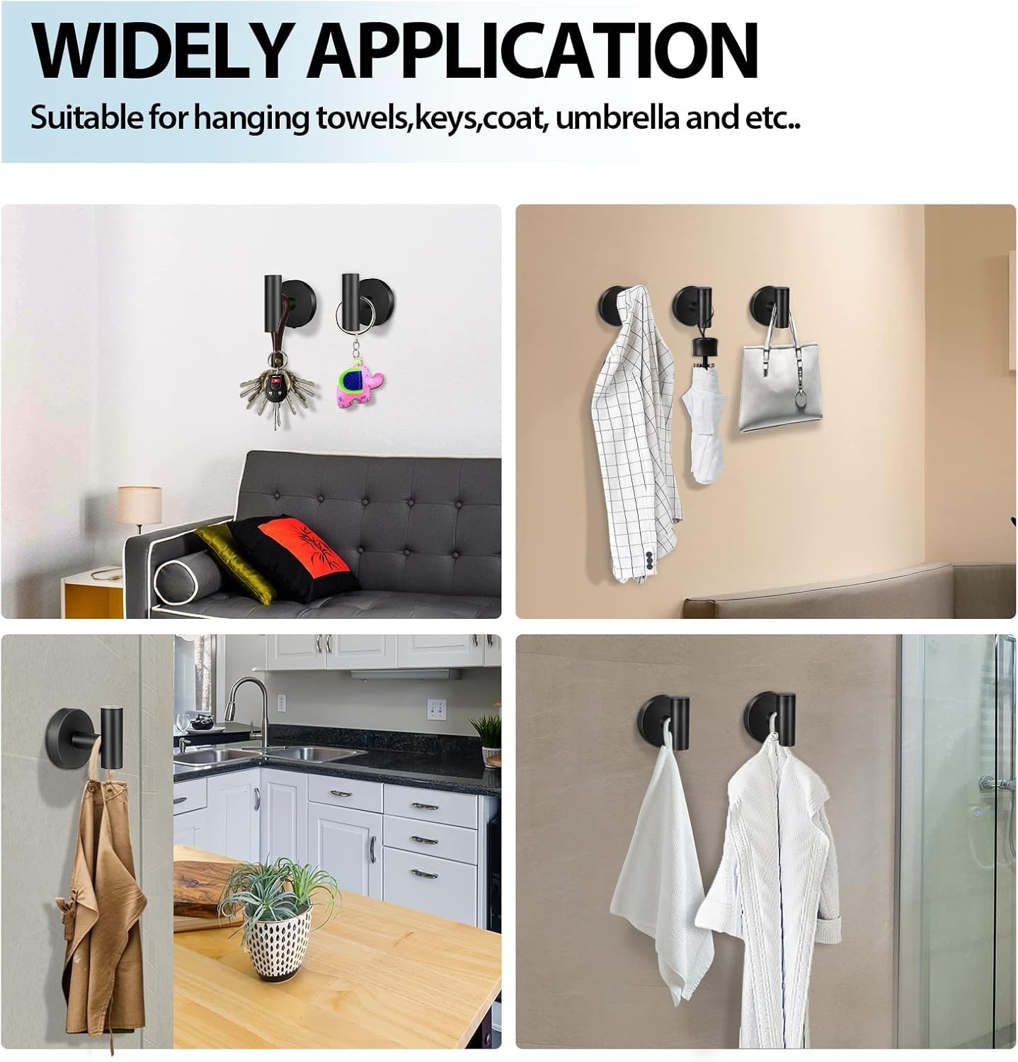 Towel Hooks Bathroom,2 Packs Wall Mount Towel Holder,Black Matte Wall Robe