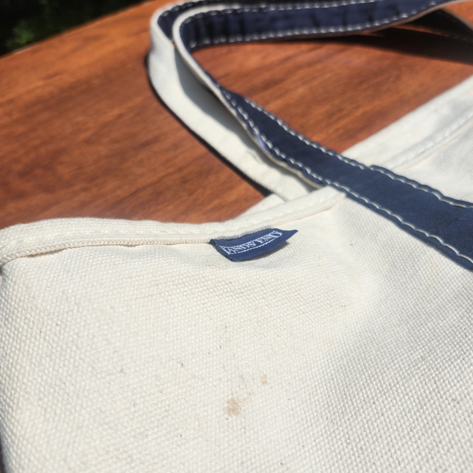 Vintage Lands’ End Canvas Tote Bag Heavy Duty White/Blue USA Nice