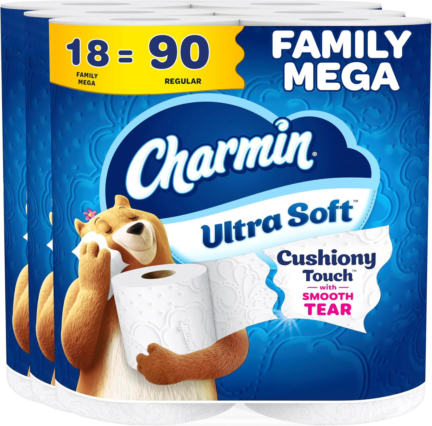 Ultra Soft Cushiony Touch 2-Ply Toilet Paper, 18 Family Mega Rolls = 90 Regular