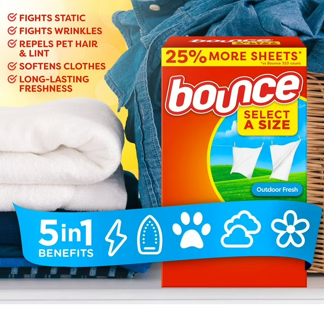 Bounce Select-A-Size Fabric Softener Dryer Sheets Outdoor Fresh 400 Ct New Pack