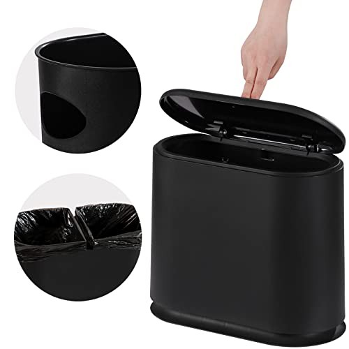 Slim Plastic Trash Can,2.7 Gallon Garbage Can with Press Top 10L Black