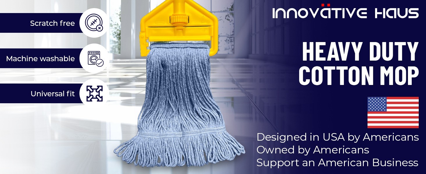 Heavy Duty Blue Mop Head. Machine Wash. Synthetic Cotton Blend Looped End-3 Pack
