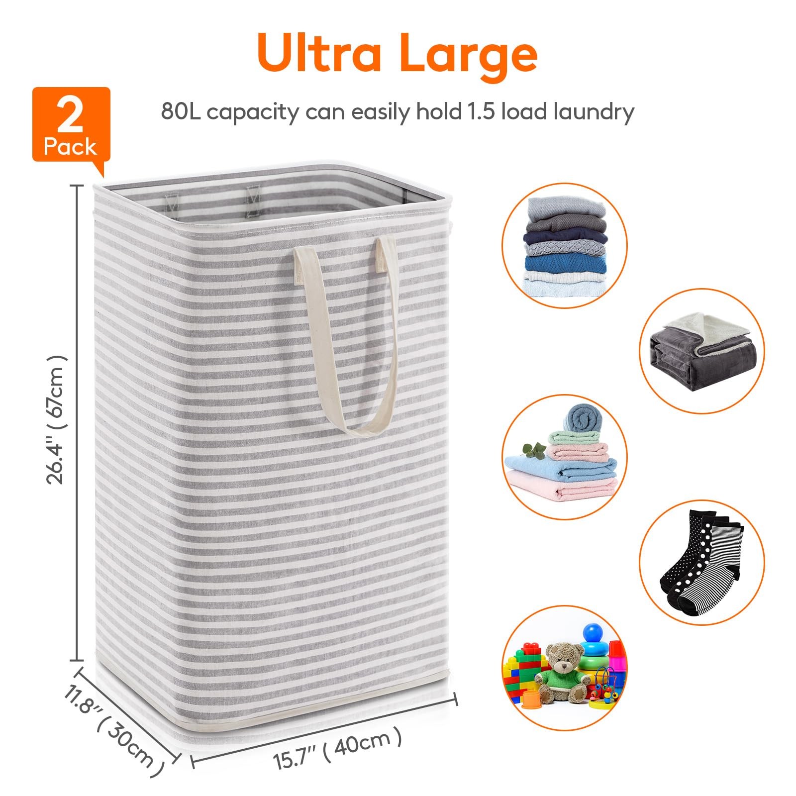Lifewit 2 Pack Laundry Basket 80L Each, Collapsible Clothes ‎2 x 80L, Grey