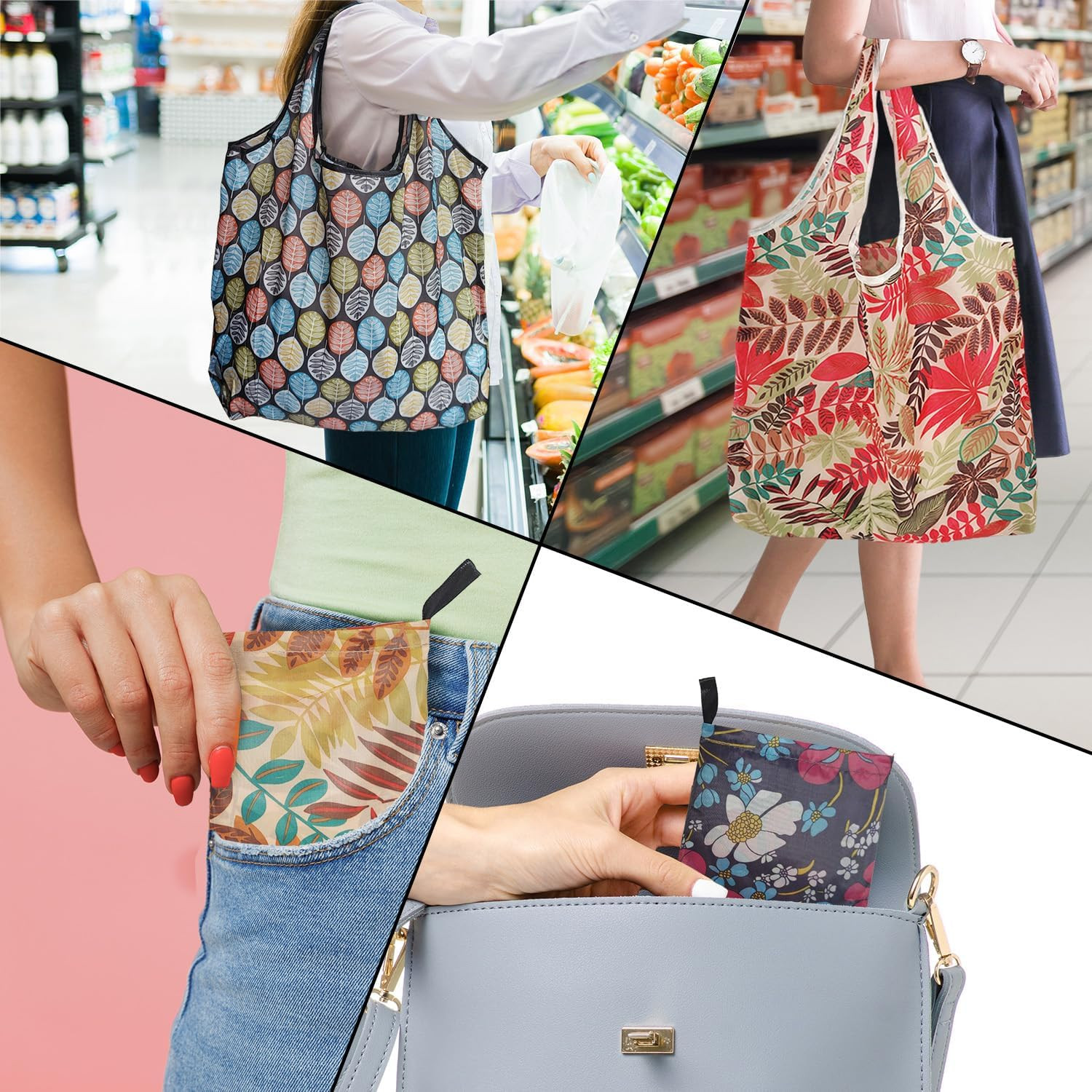 Cute Reusable Grocery Bags, 4 Pack (50Lbs Capacity) – Foldable & Washable Market
