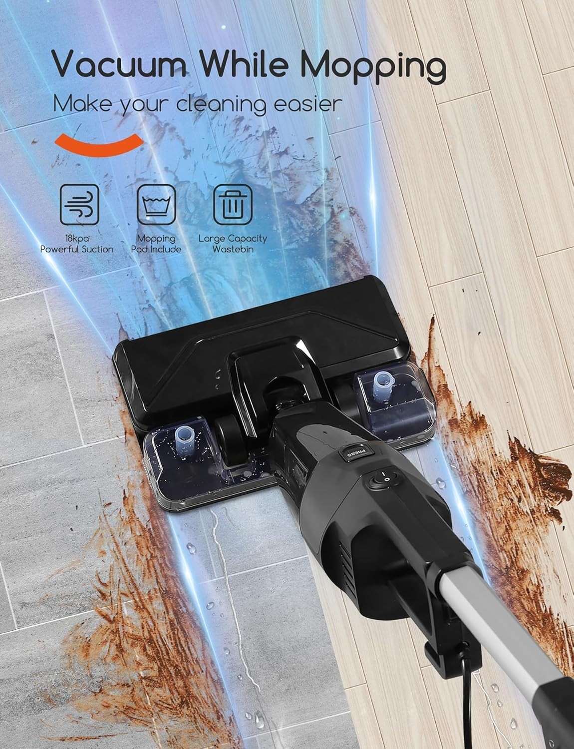 2-in-1 Stick Vacuum & Electric Mop with 600W Powerful Suction for Hard Floors