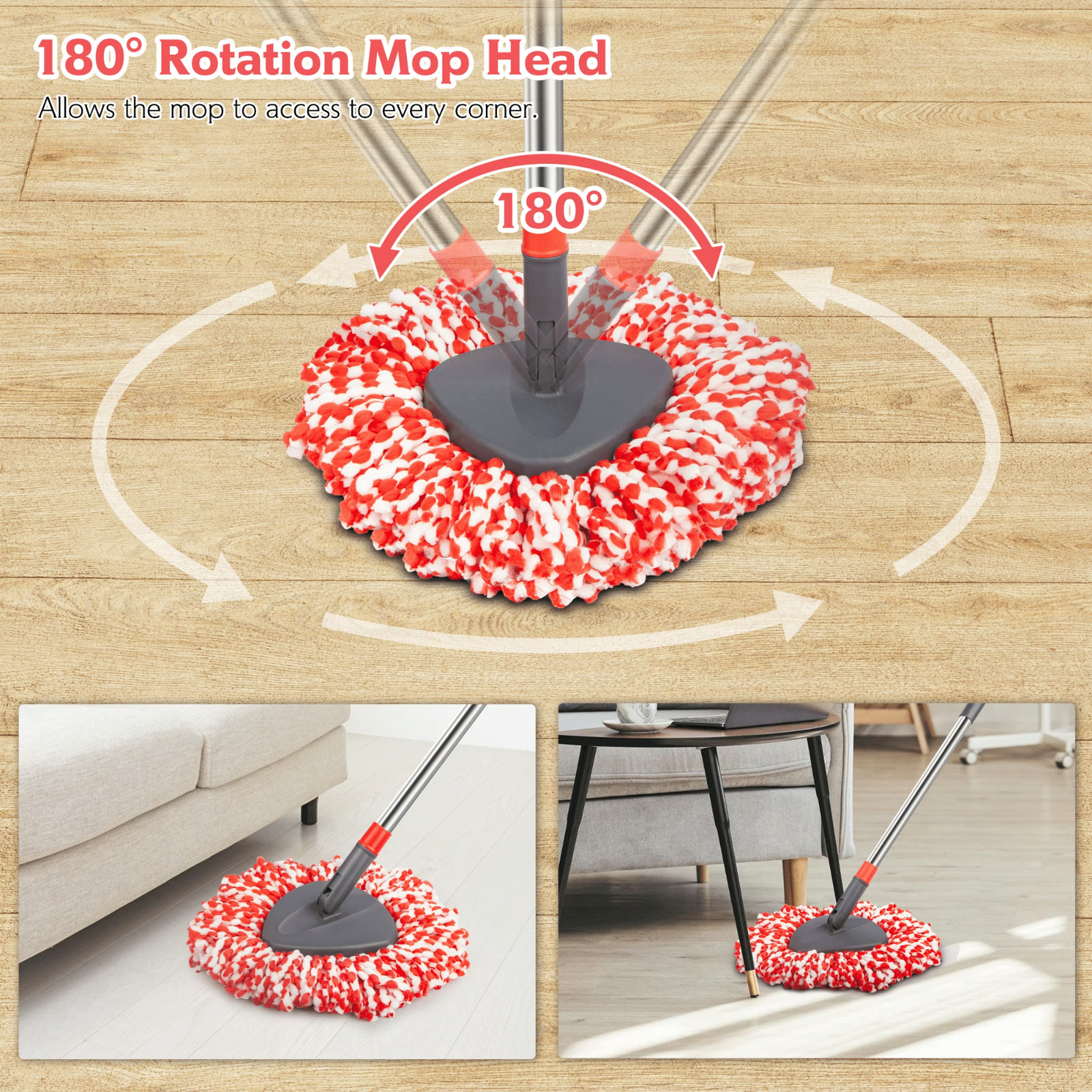 Rotating microfiber mop and bucket with foot-operated wringer.