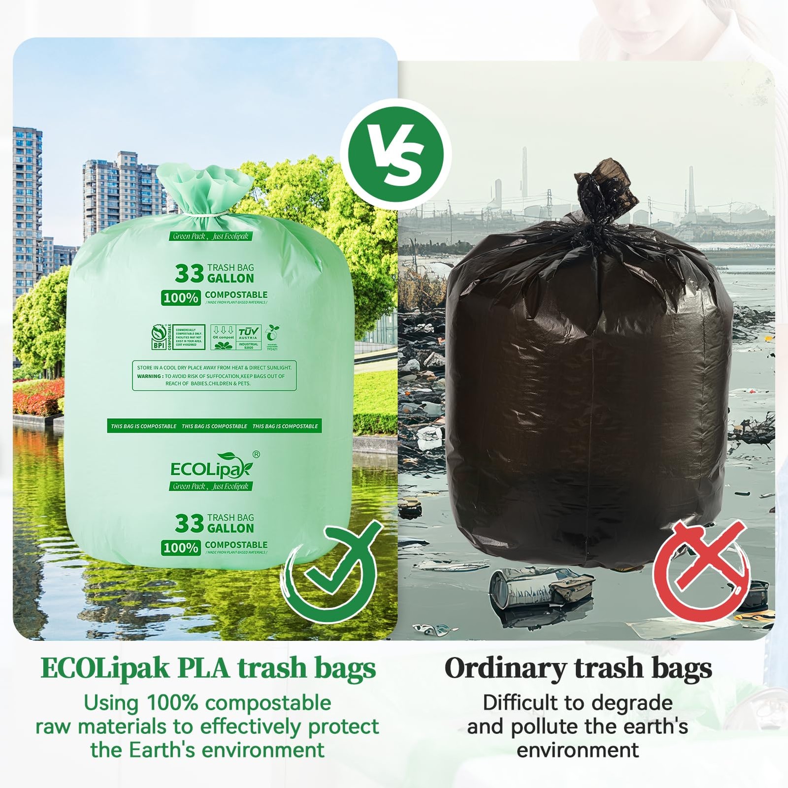 ECOLipak 33 Gallon Compostable Trash Garbage Bags, 50 Count (2 Rolls) Biodegr…