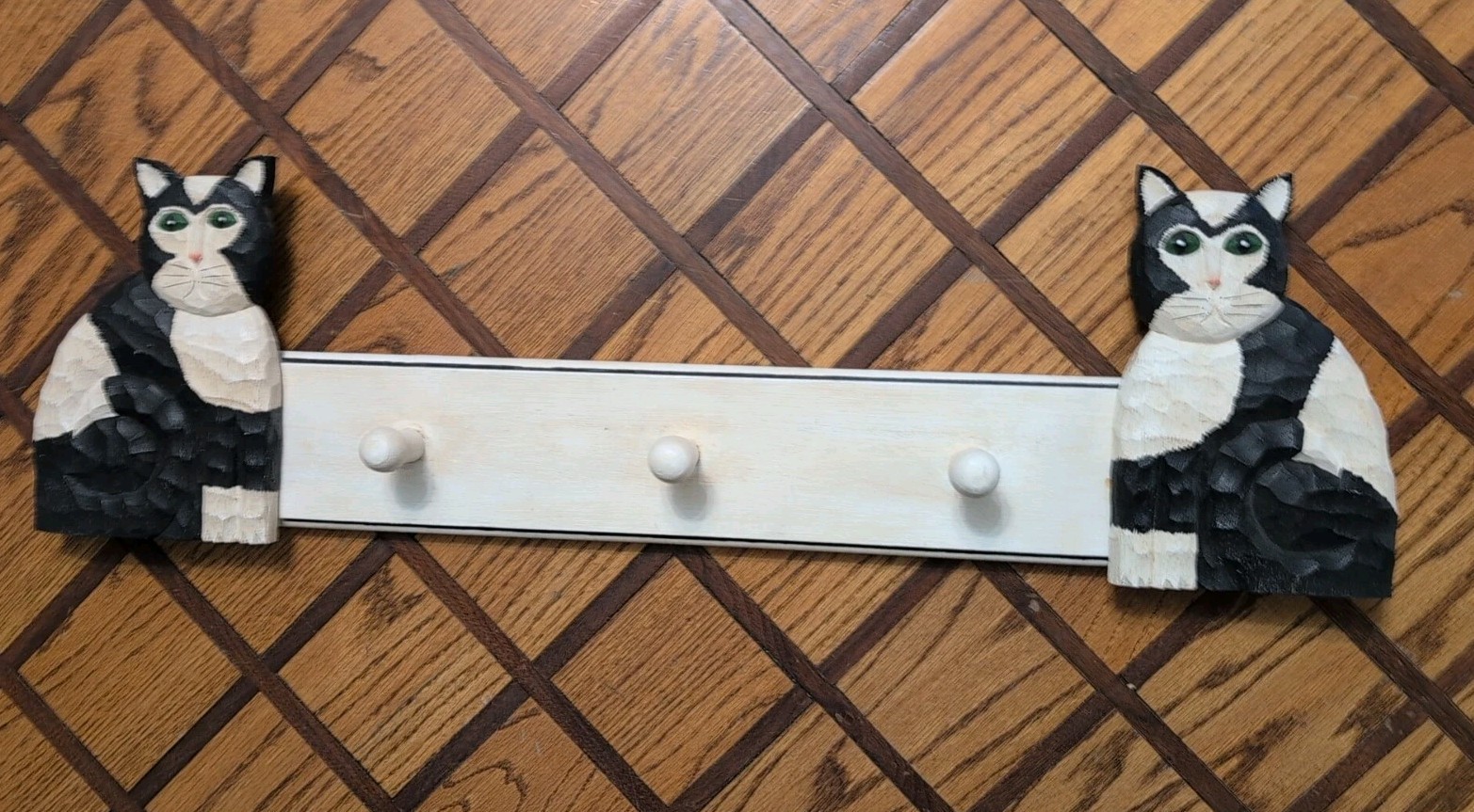 Wooden Black And White Cat Mounted Coat Rack 29″ By 8.5″