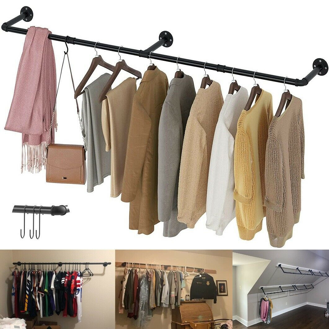 Long Clothes Rack 71″Pipe Wall Mounted Garment Rack Hanging Rod Clothing Storage