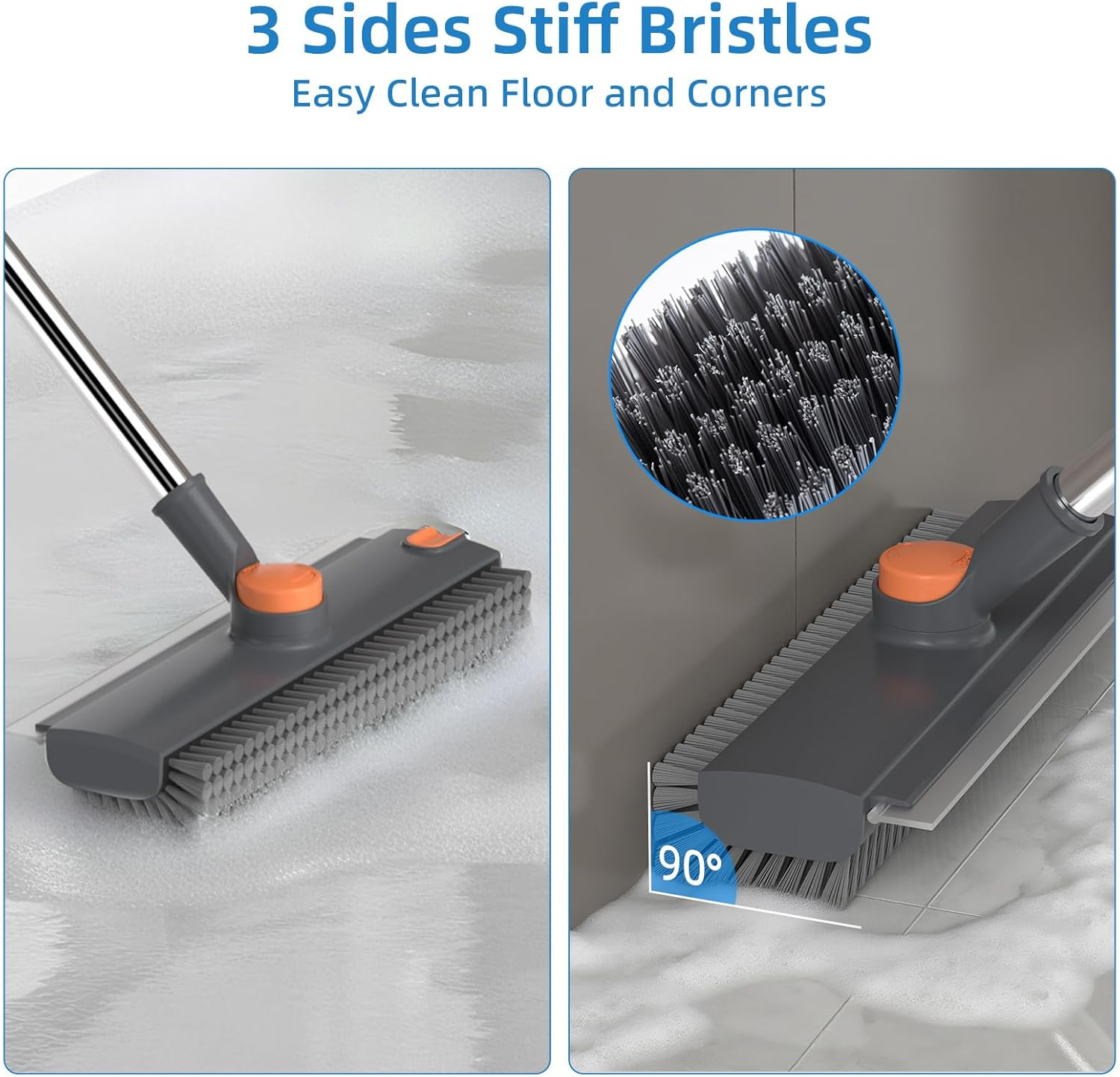 Floor Scrub Brush with Long Handle, 3 in 1 Scrape and Heavy-Duty Stiff Bristle F