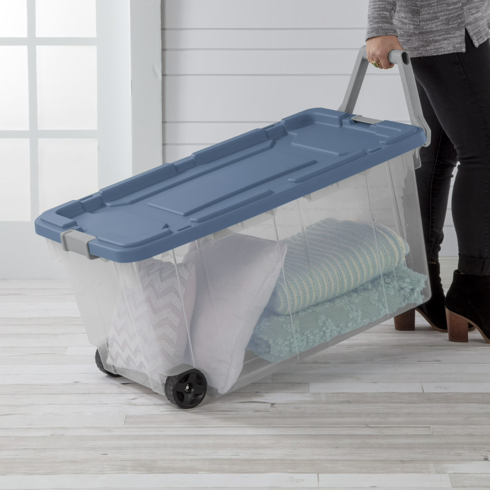2 Pack Sterilite Extra-Large Wheeled Rugged Storage Bin, 160 Quart Durable, Blue