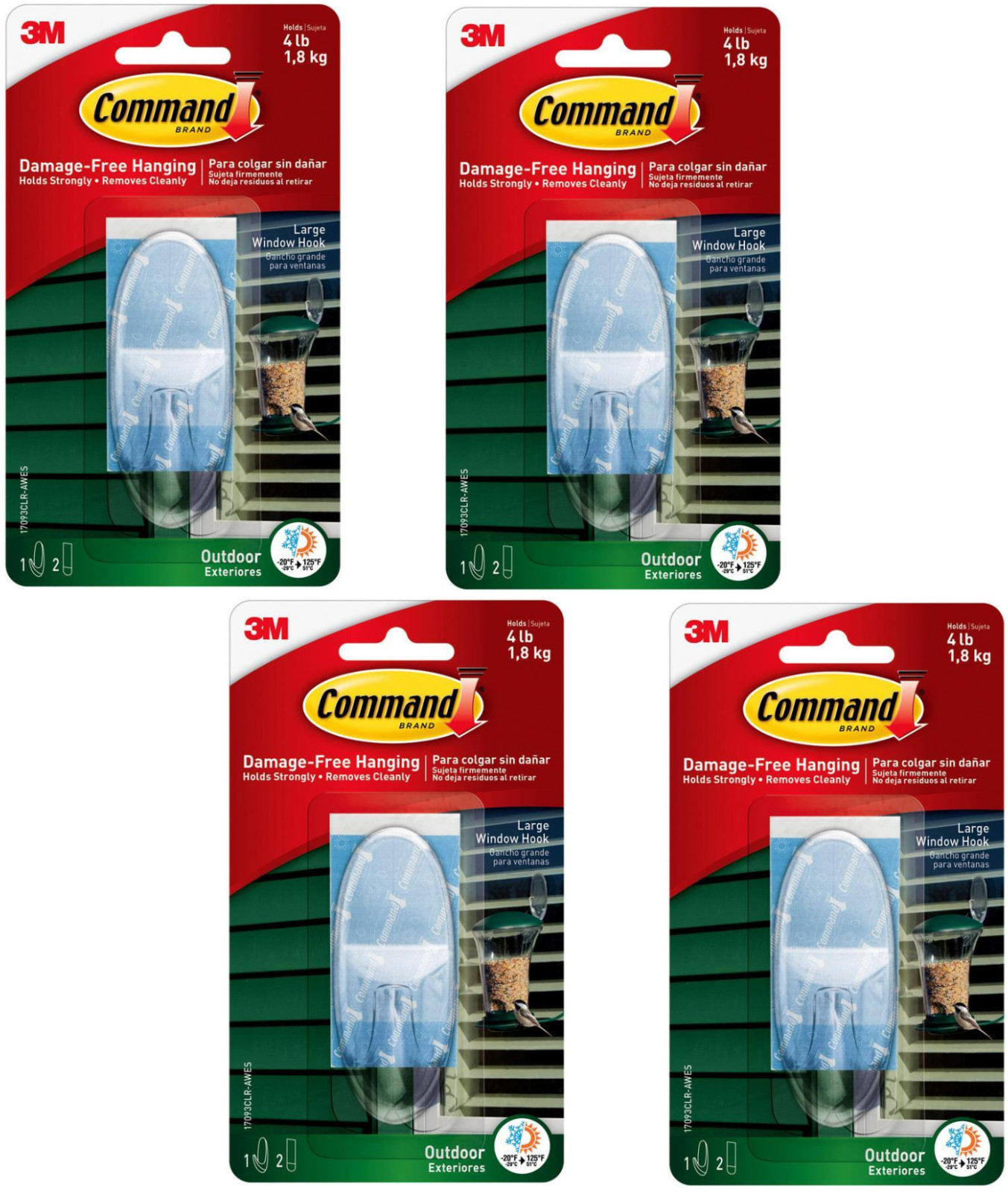 4 Pks 3M Command 1 Large Clear Window Hook & 2 Adhesive Strips Per Pack Max 4 lb