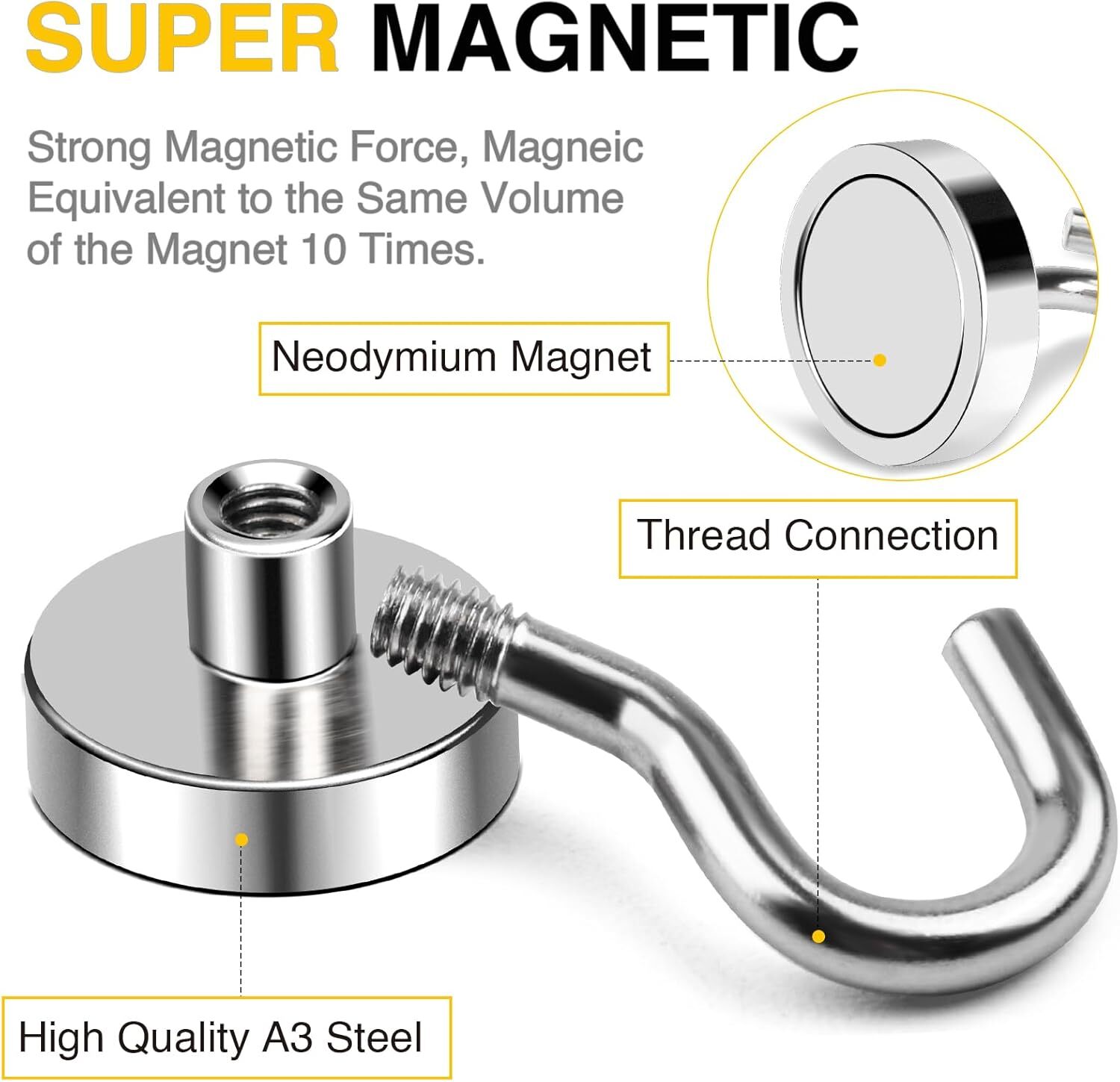 DIYMAG Magnetic Hooks, 50 LB Heavy Duty Magnet with 20Pack 50Lbs+, Silver