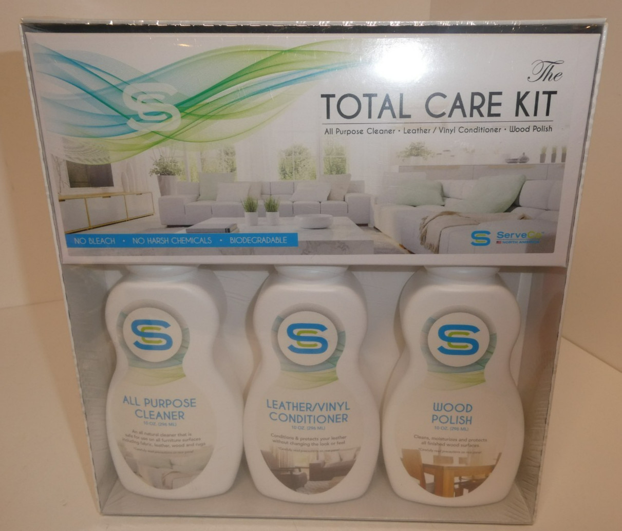 ServeCo Wood Polish Leather/Vinyl Conditioner Cleaner Total Care Kit NIB 10oz ea