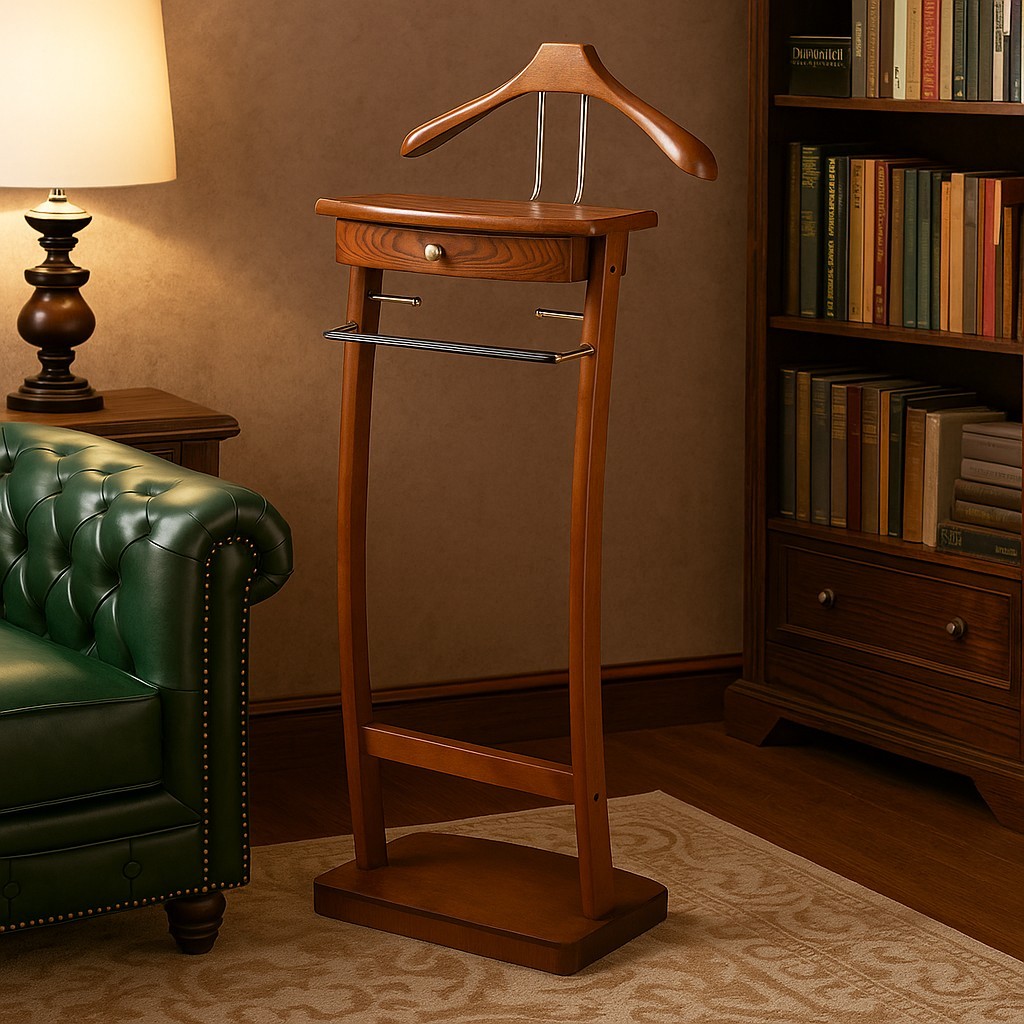 Wooden Valet Stand with Drawer, Hanger & Shoe Rack, Mens Clothes Organizer