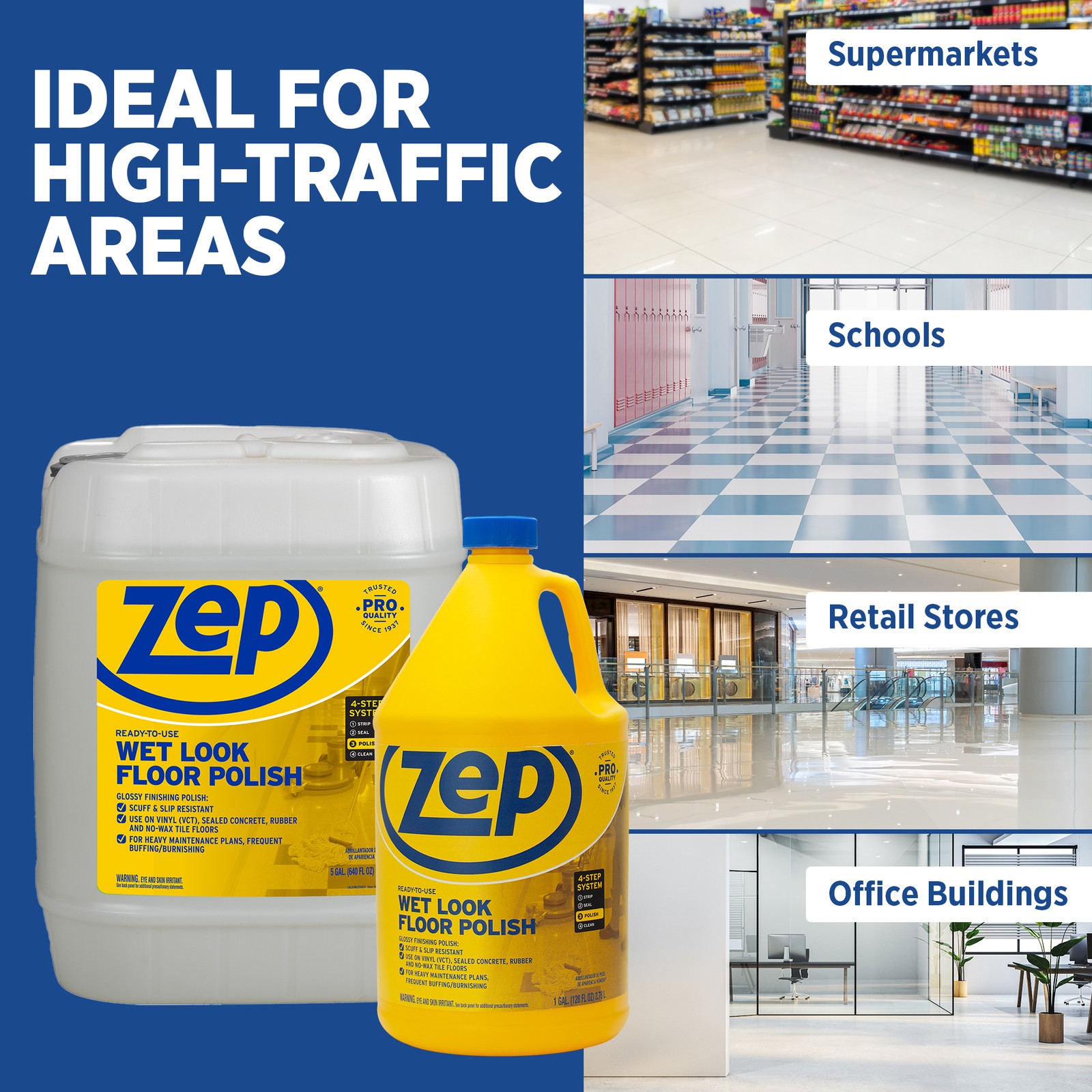 Zep Wet Look Floor Polish – 5 Gallon (1 Pail) ZUWLFF5G – Long Lasting Glossy