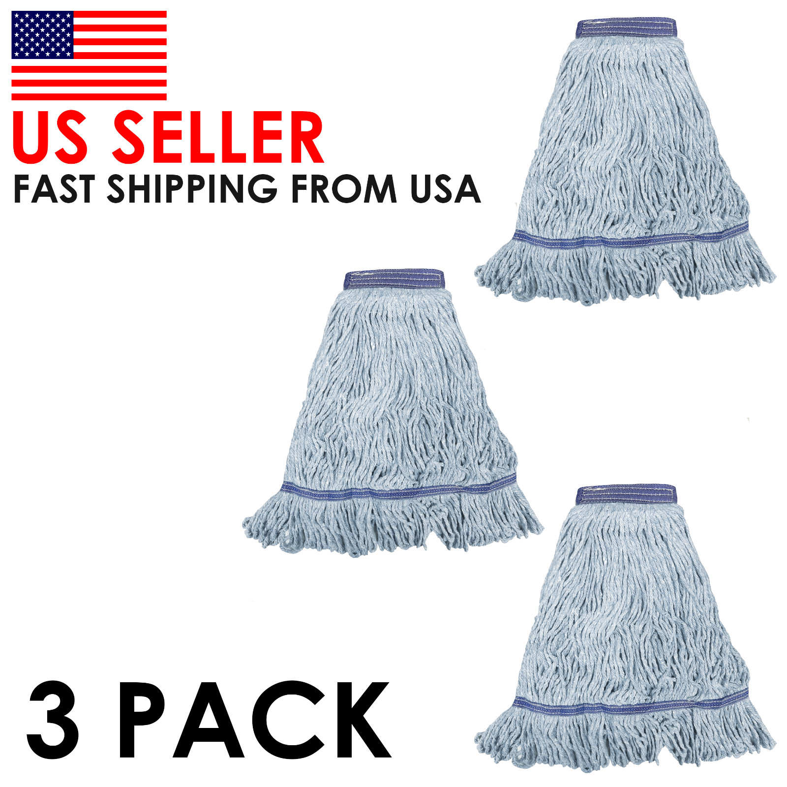 Heavy Duty Blue Mop Head. Machine Wash. Synthetic Cotton Blend Looped End-3 Pack