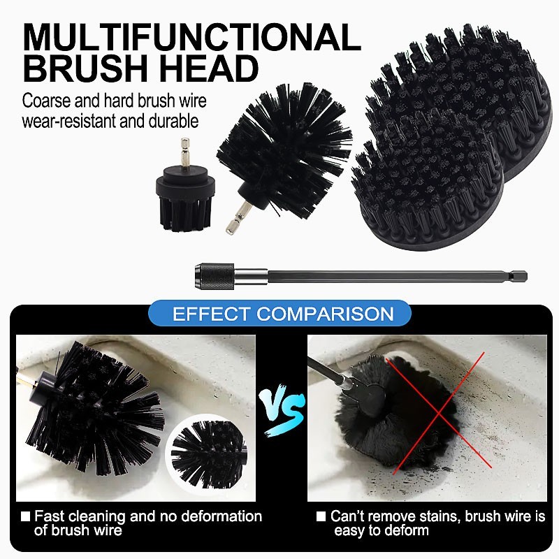 Drill Brush Power Scrubber- 6 Piece Black Drill brush Ultra Stiff, Heavy Duty