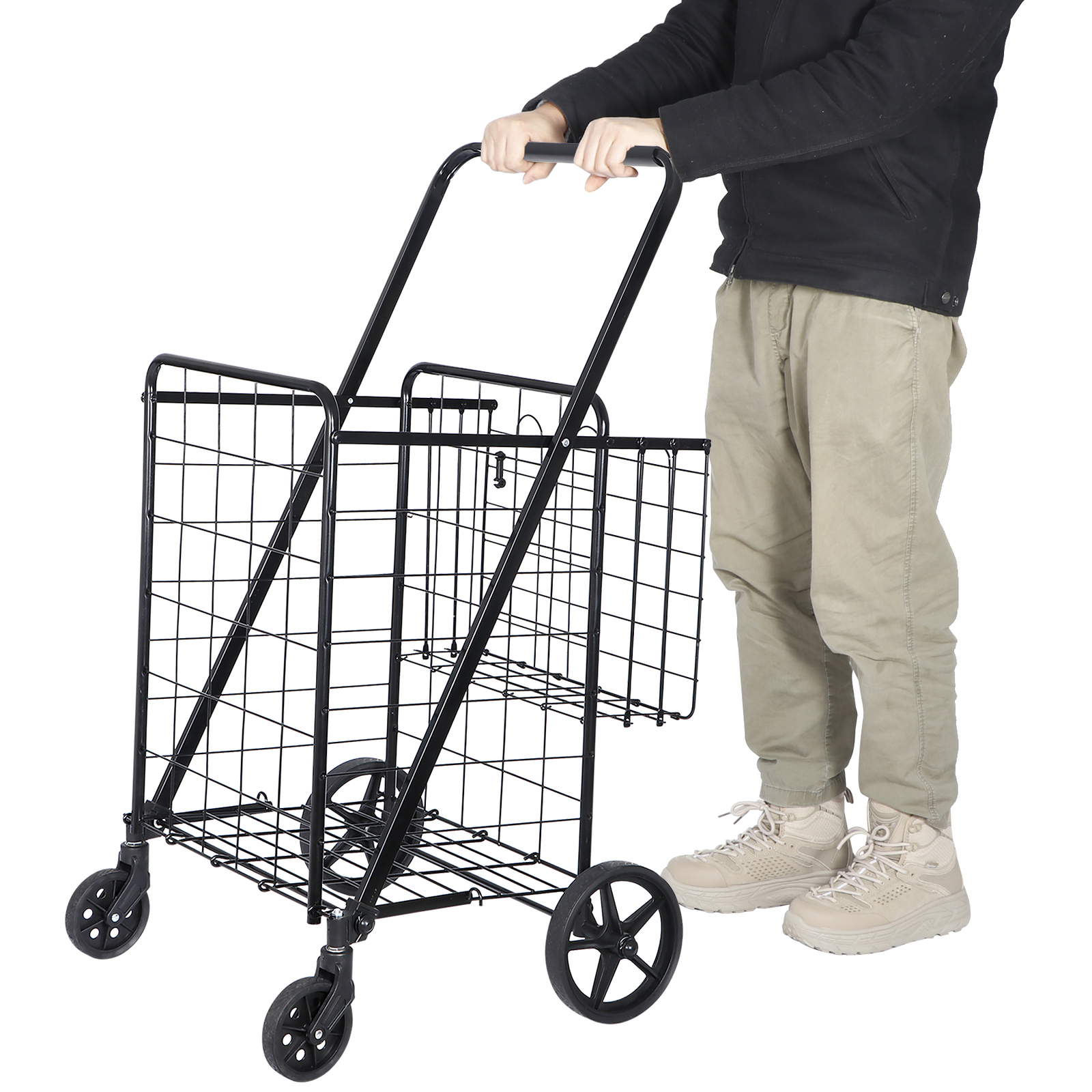Folding Shopping Cart Rolling Trolley Utility 2 Basket W/Wheel for Laundry Black