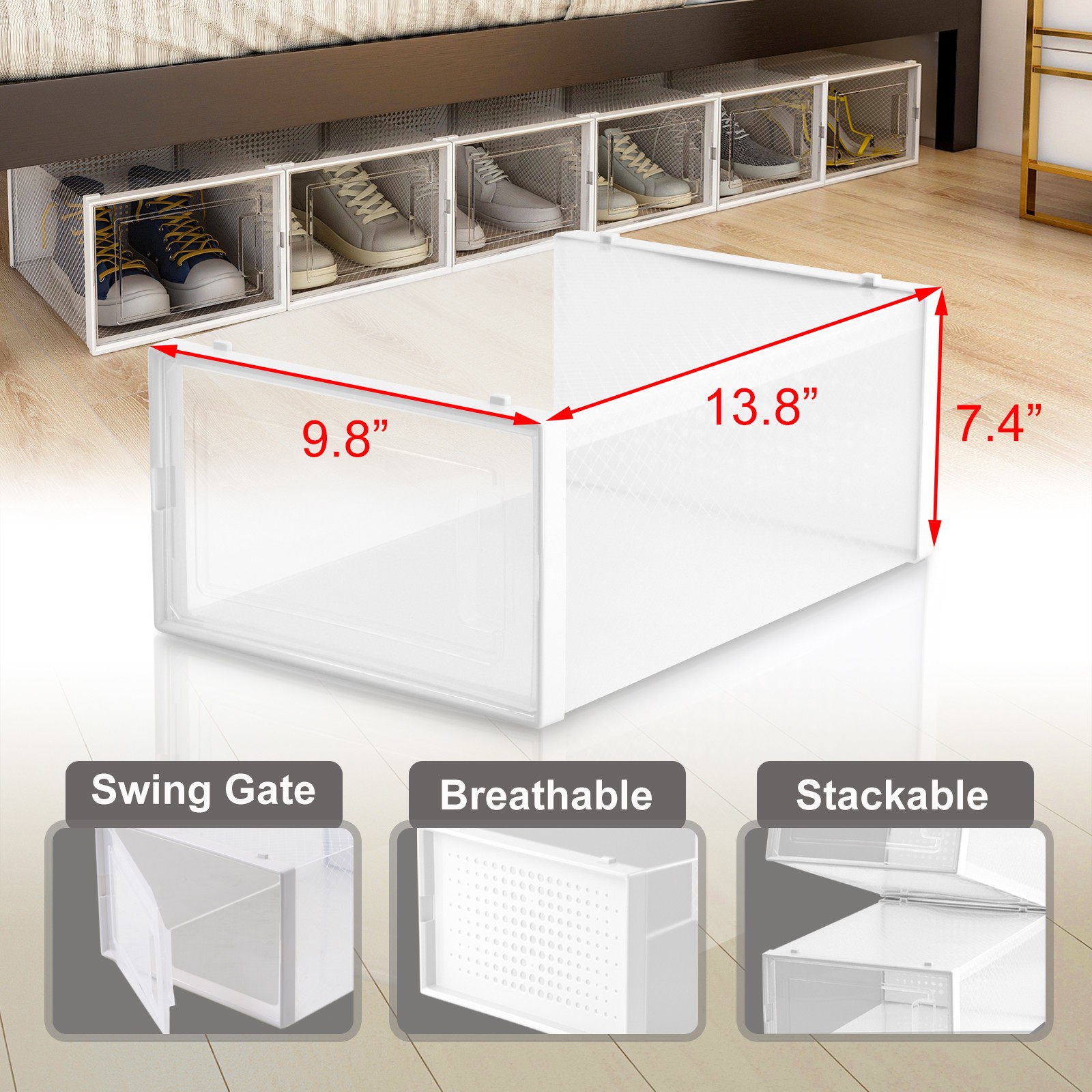 6PCS MED Foldable Stackable Plastic Shoe Box Storage Organizer Transparent Case