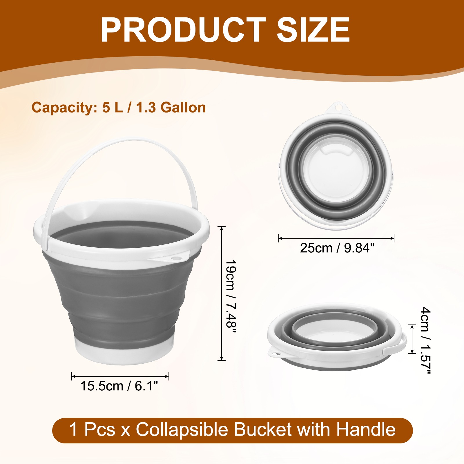 Collapsible Bucket 1.3 Gallon 5L Small Foldable Bucket with Handle Gray
