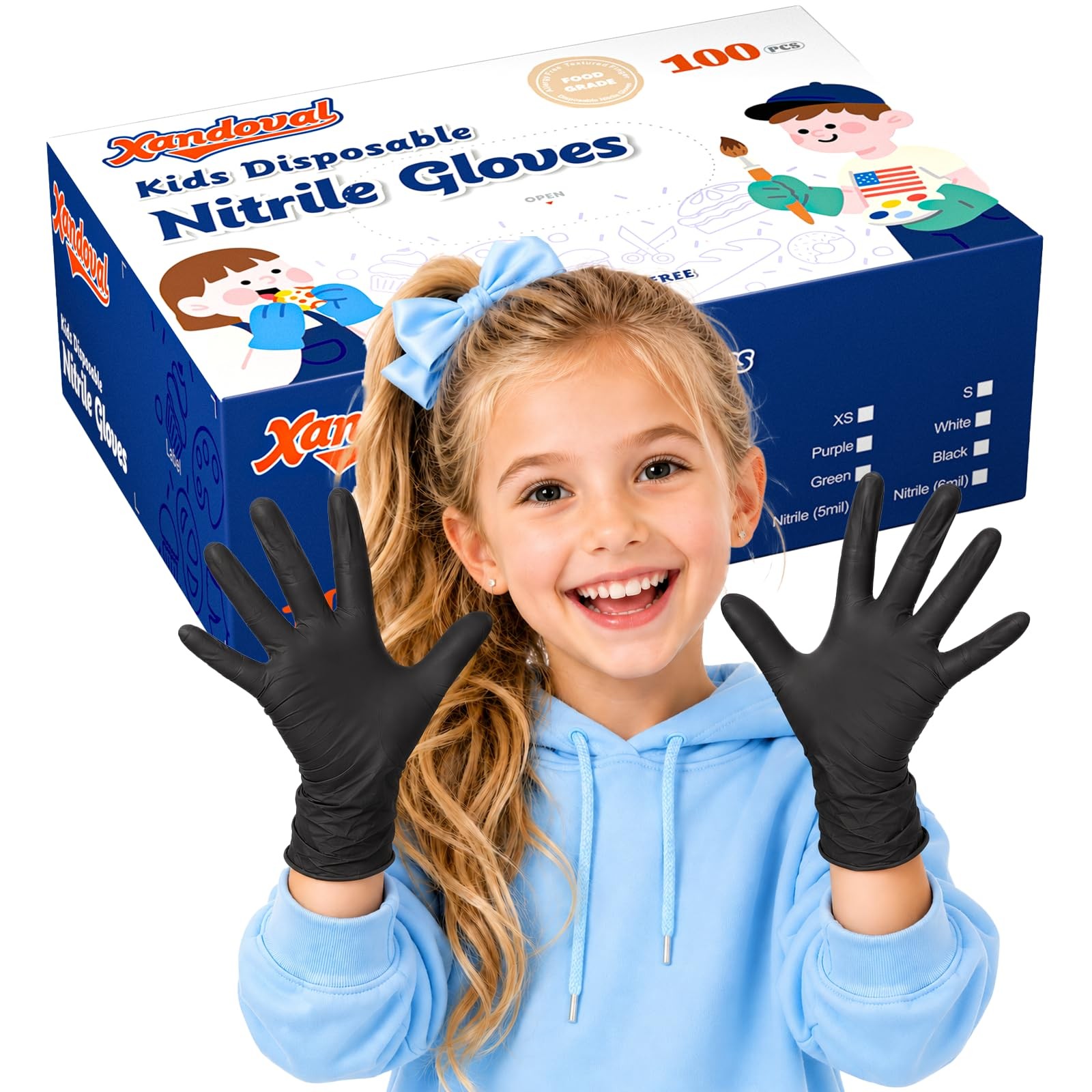 Kids Nitrile Gloves for 6-10 Years, 5Mil Black Disposable Gloves for Work, Cl…