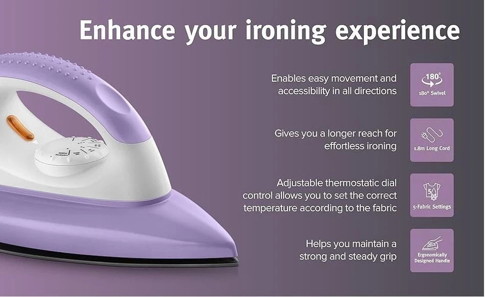 USHA Armor 1100 watts Dry Iron with Shock Proof Plastic Body Purple & White 220V