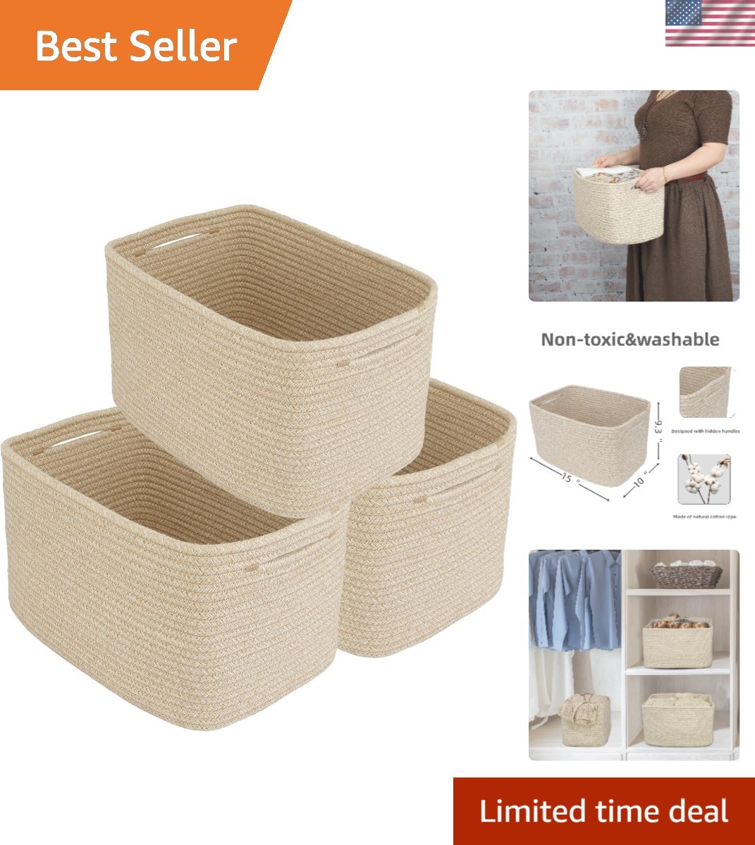 Elegant Woven Cotton Rope Storage Baskets, 15x10x9.3” – 3 Pack Oatmeal