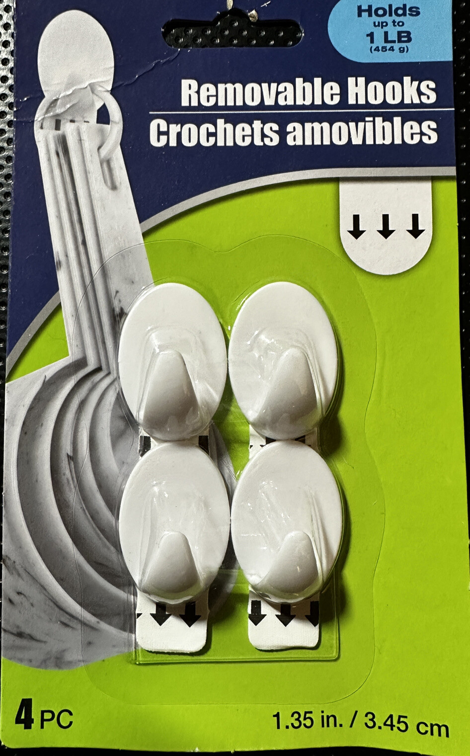 4-Piece Removable Wall Hangers / Hooks White 1.35in Holds 1lb NEW