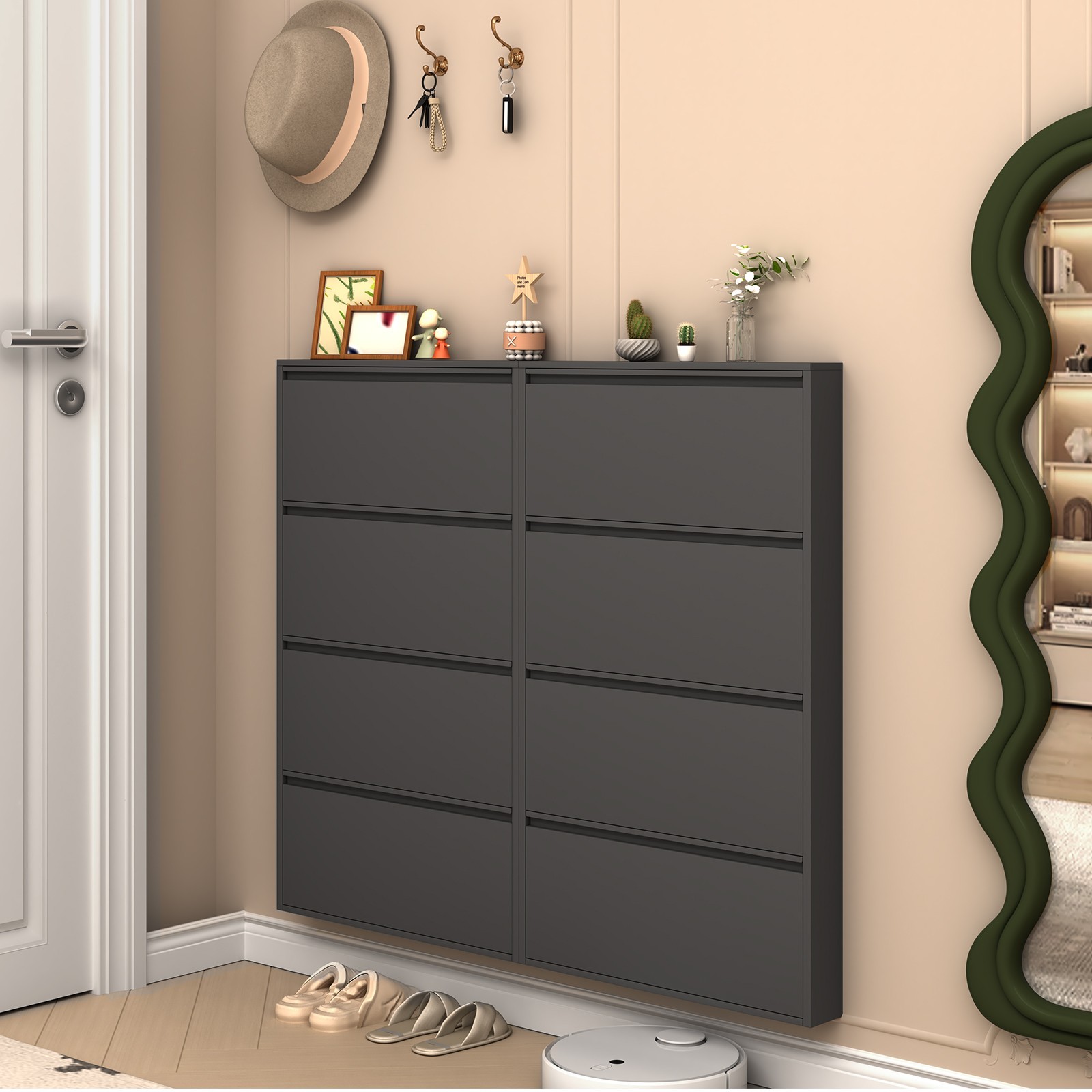 Metal Shoe Cabinet with 4 Flip Drawers, Wall Mount Shoe Organizer for Entryway