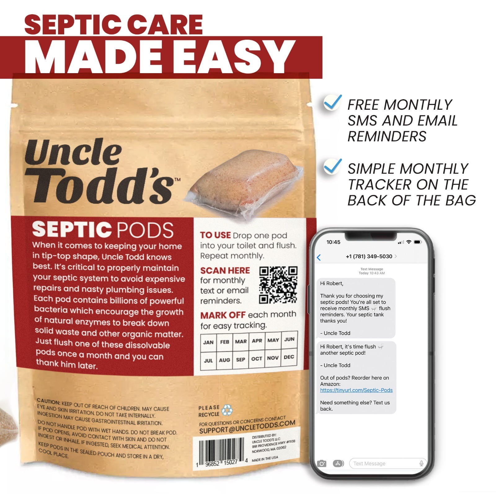 Uncle Todd’s Septic Pods 12-Pack, 1 Year Supply, 1/Month